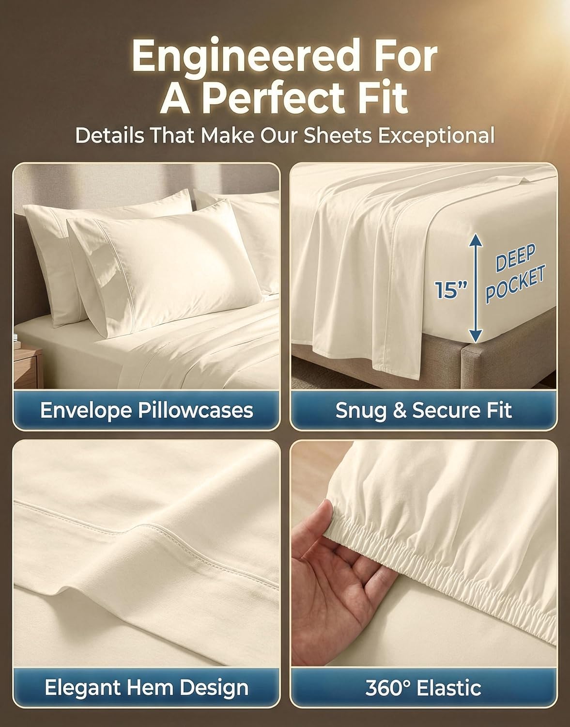 600TC 100% Long-Staple Cotton King Sheets - Smooth Sateen Weave, Ivory - Image 5