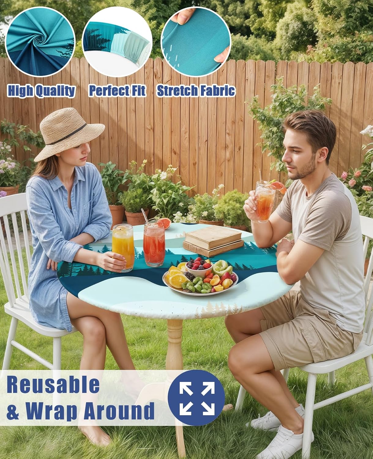 Moosfor Printed Spandex Round Tablecloth Fitted Table Cloth for 45-56 Table - Image 5