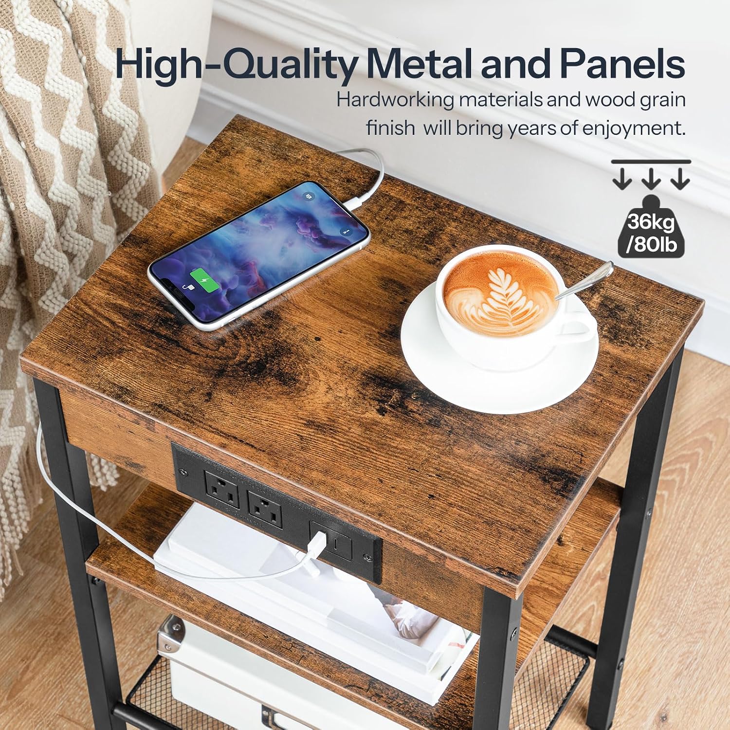 HOOBRO Side Table with Charging Station and USB Port, Small End Table for Small Space, 3-Tier Nightstand with Adjustable Shelf, for Living Room, Bedroom, Rustic Brown BF112BZ01 - Image 7