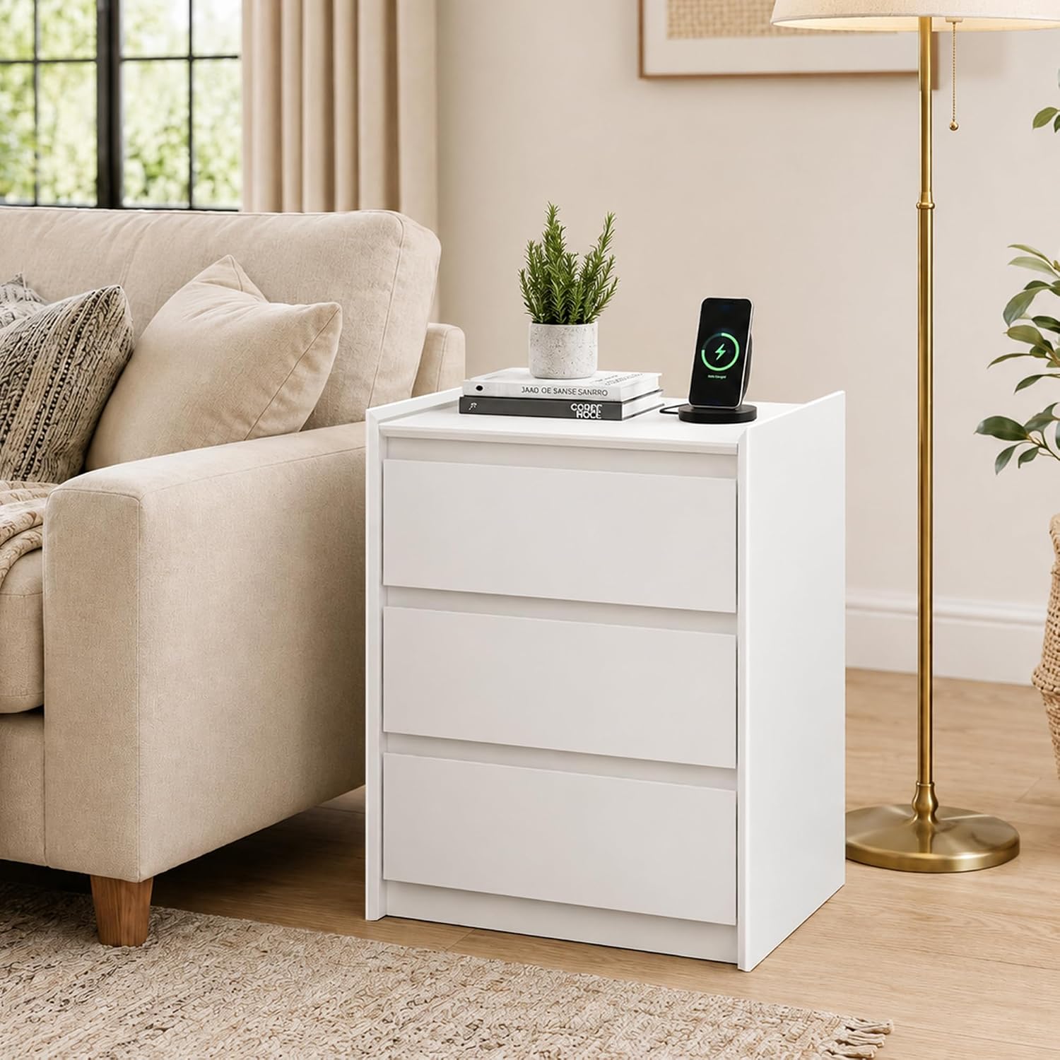 White Nightstand with Charging Station, 24" H, 3-Drawer Storage - Image 9