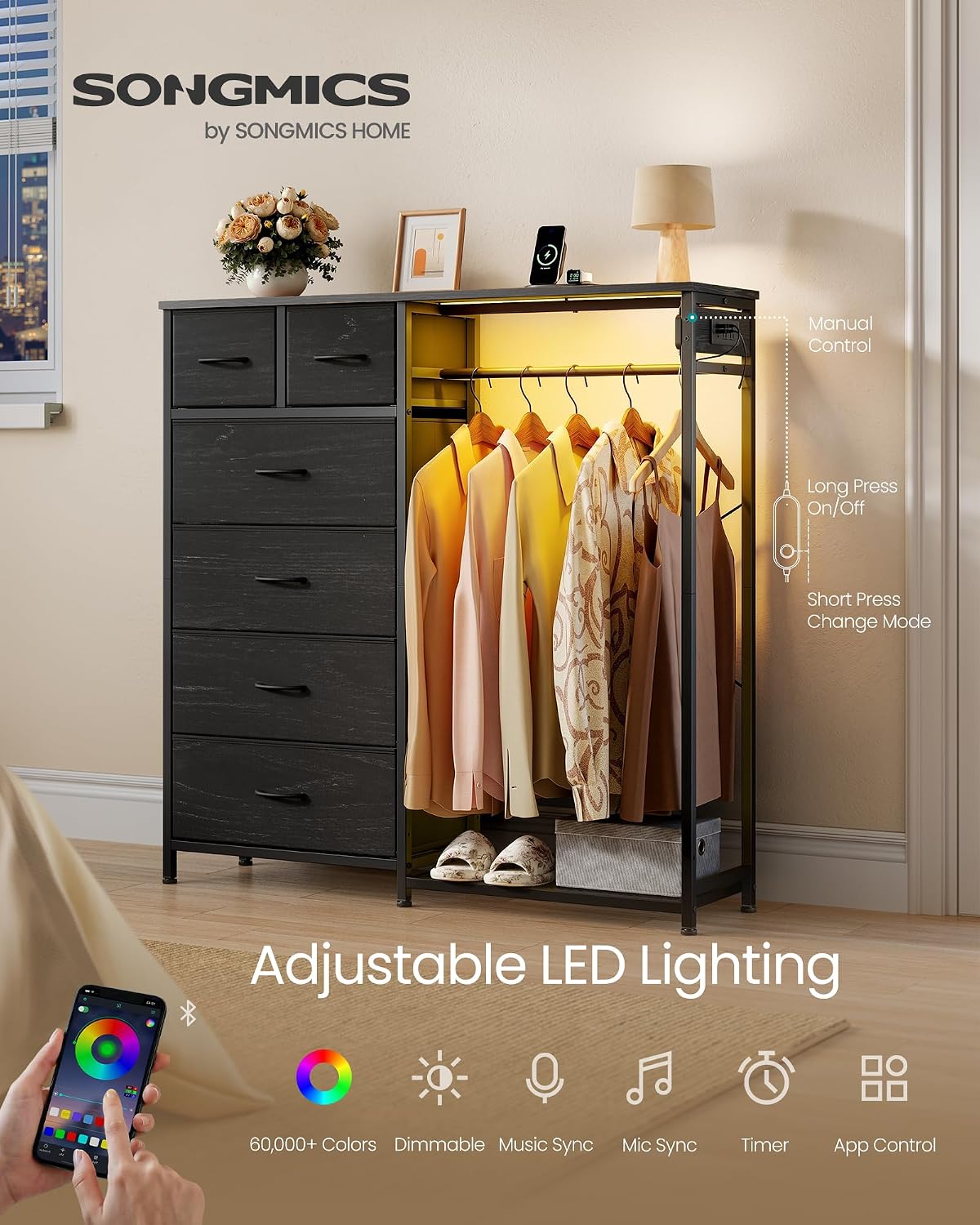 SONGMICS Dresser with Hanging Rod, Closet Organizer with 6 Fabric Drawers - Image 3
