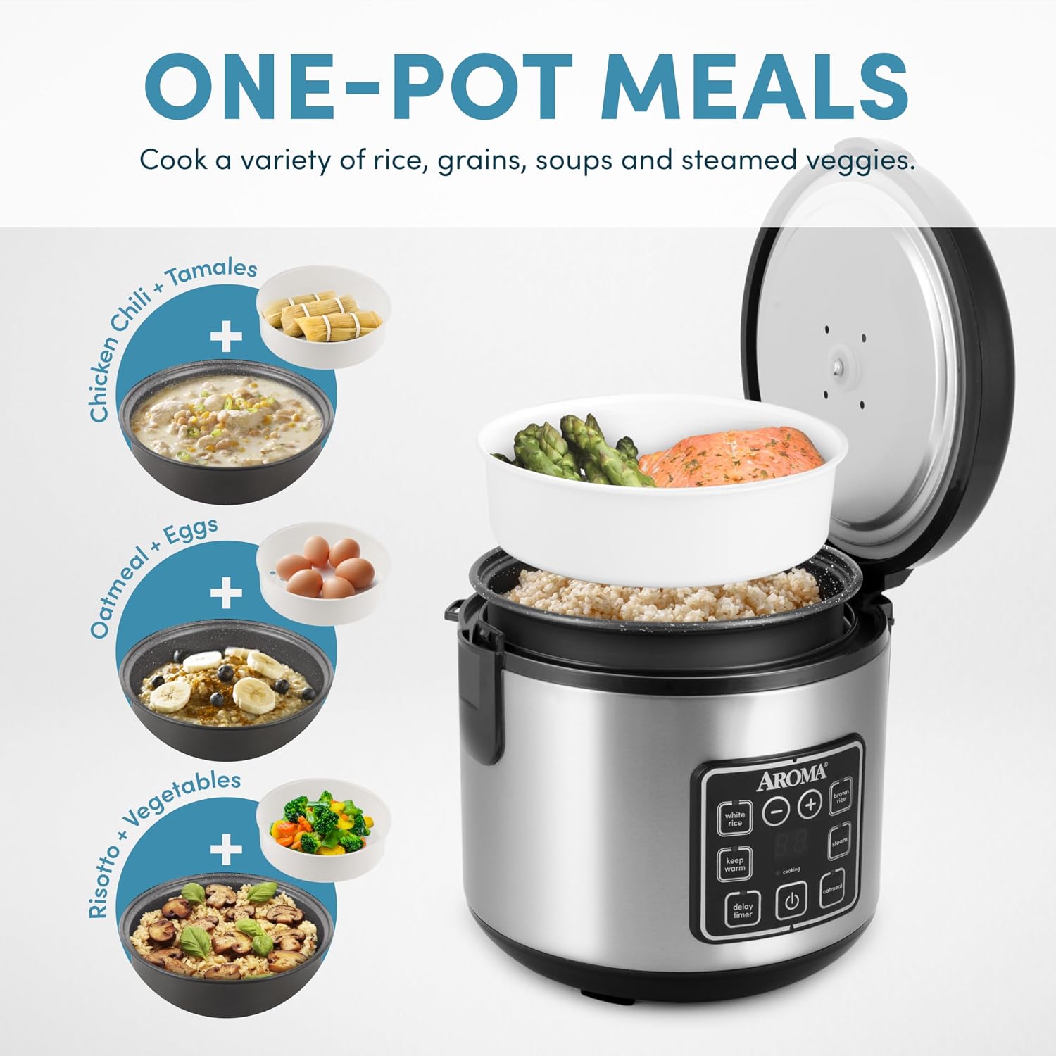 AROMA® 8-Cup (Cooked) / 2 Qt. Digital Rice & Grain Multicooker, Durable Nonstick Inner Pot, Oatmeal, Steam, White & Brown Rice, Keep Warm - Image 2
