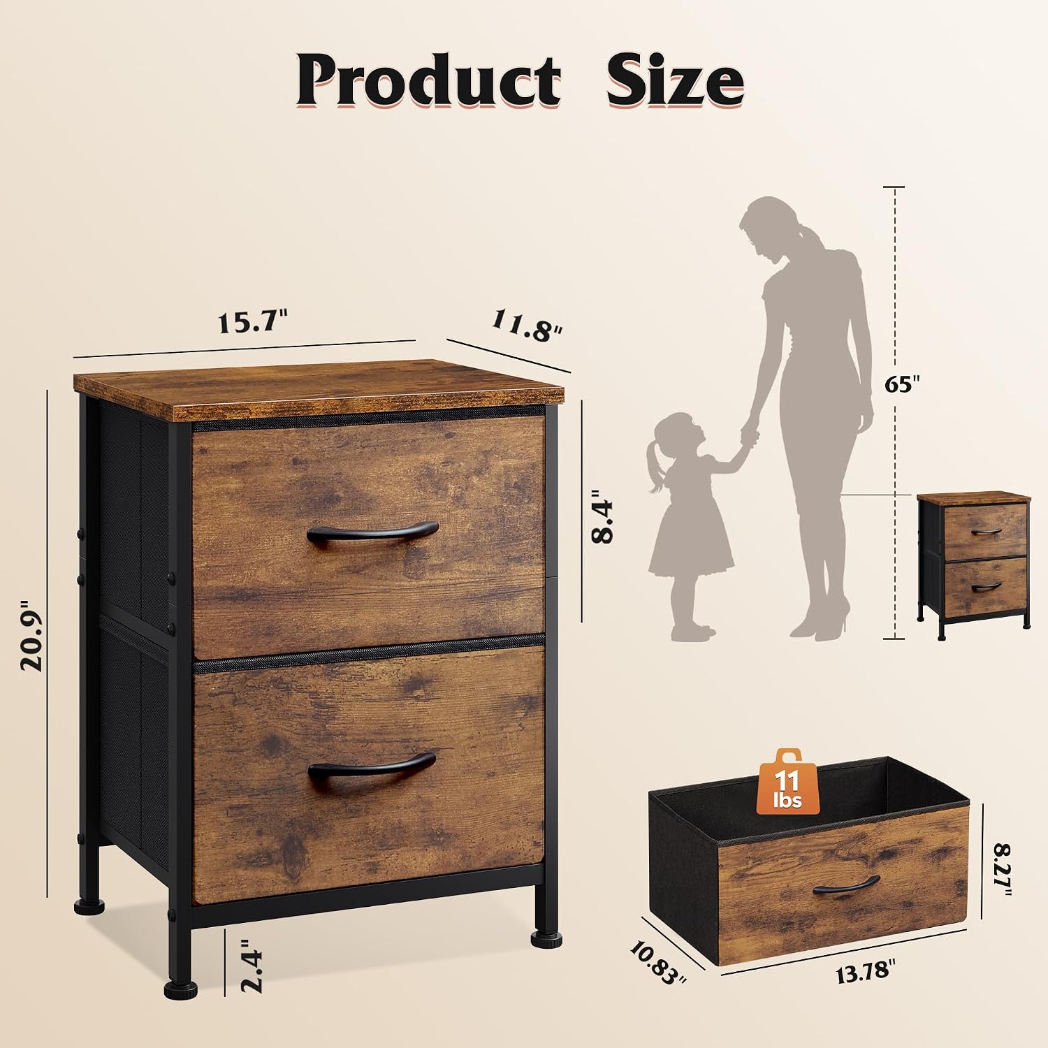 WLIVE Night Stand, Small Dresser with 2 Drawers & Wooden Top, Nightstand with Fabric Bins, Bedside Table End Table for Bedroom, Closet, Entryway, College Dorm, Rustic Brown - Image 3