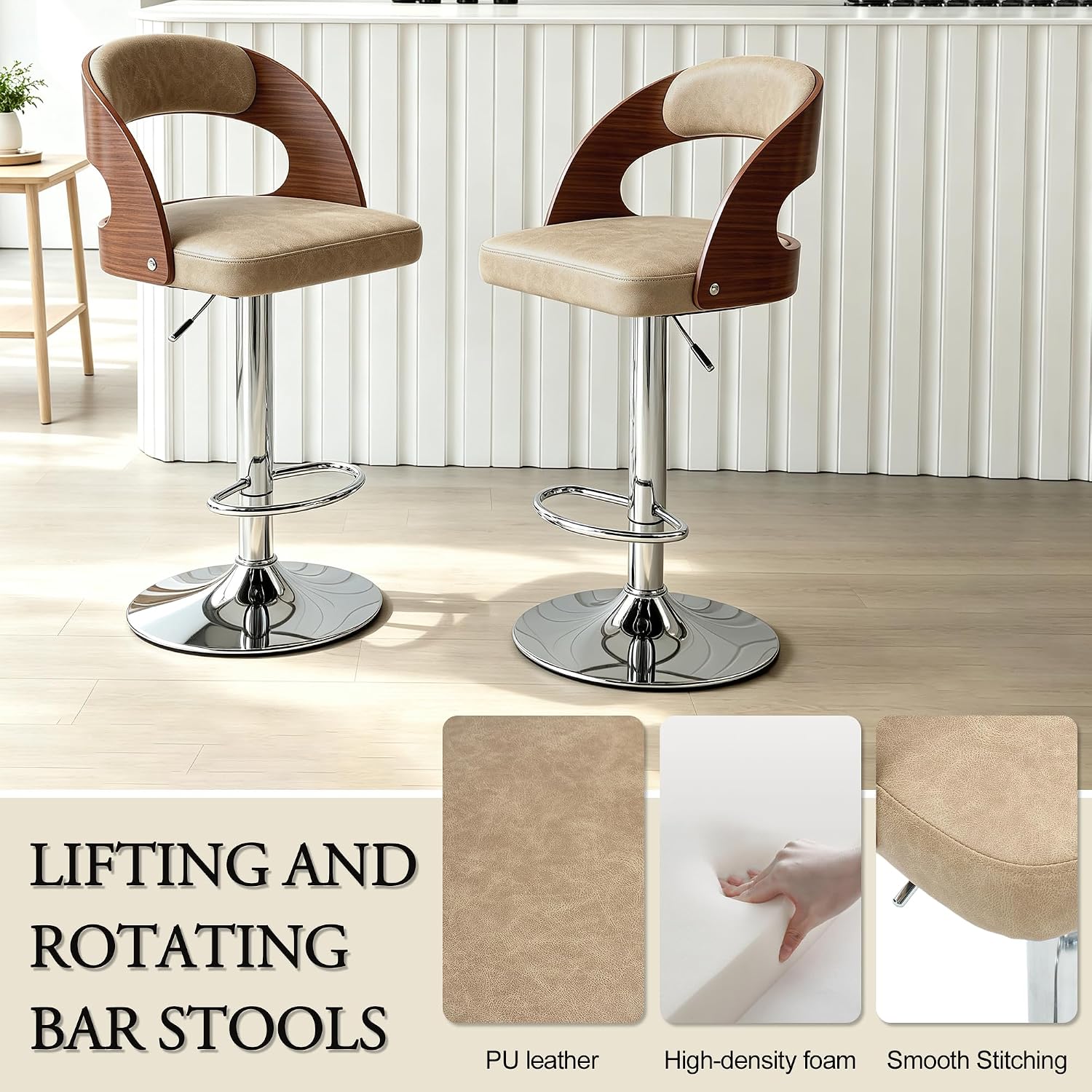 Adjustable Bar Stools Set of 2, Swivel Bar Stools with Back,Beige - Image 3