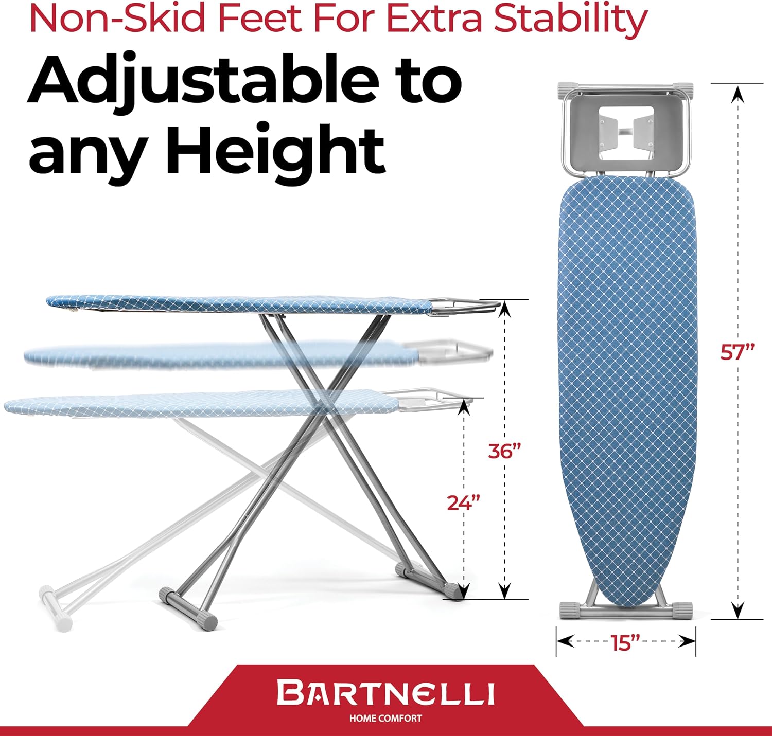 Bartnelli Premium Full-Size Ironing Board 45x15 Inch Large Surface, Integrated Upgraded Iron Rest with Hanger Rack, Height Adjustable, Heavy-Duty Metal Frame, 4 Non-Skid Feet, 4-Layer Cover & Pad - Image 8