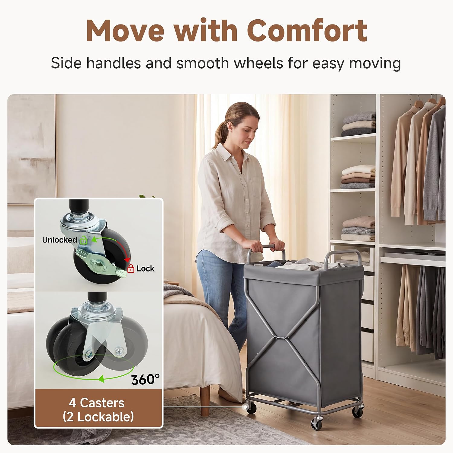 StorageWorks Laundry Basket, Rolling Hamper with Removable Bag, Grey, 120L - Image 3