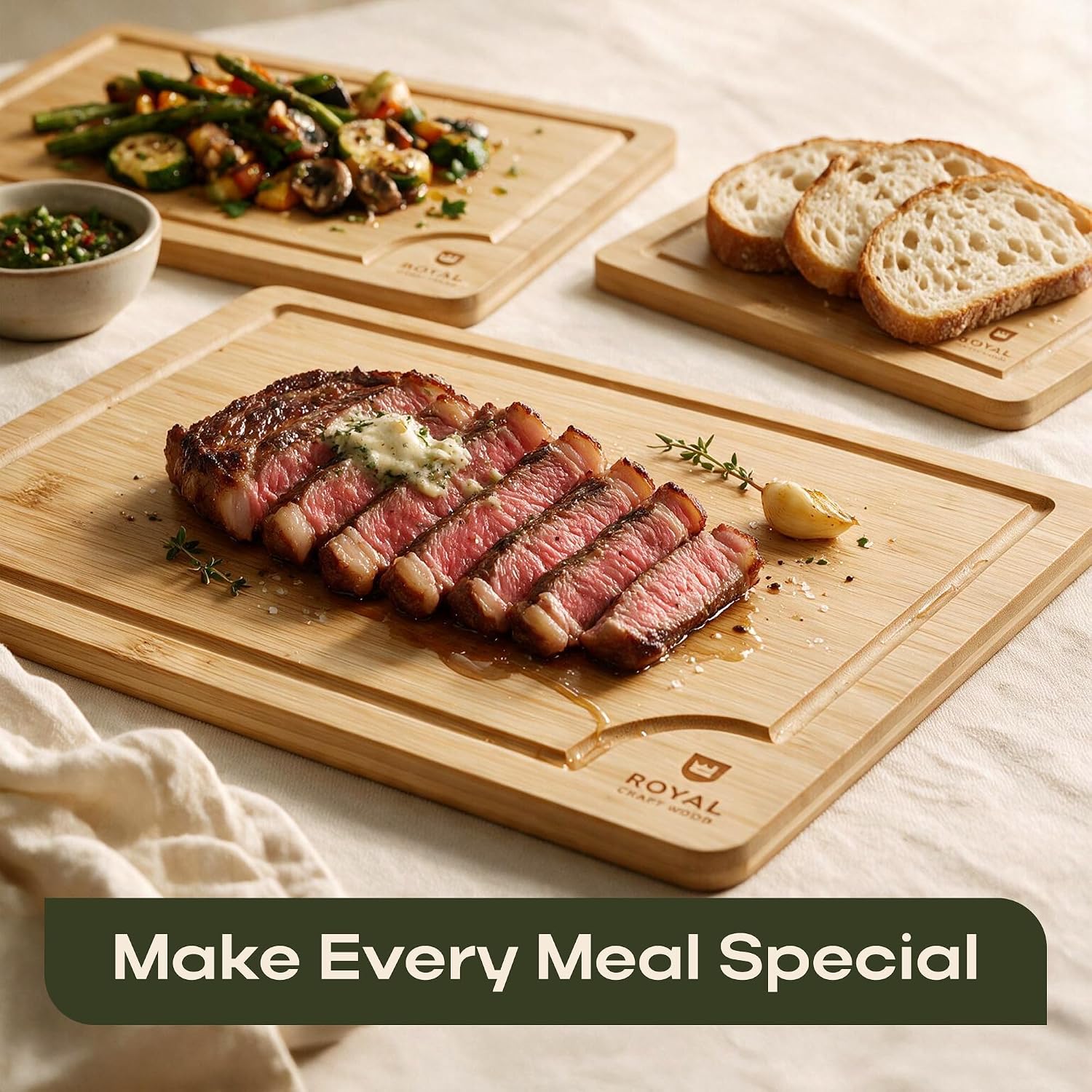 ROYAL CRAFT WOOD Wooden Cutting Boards for Kitchen Meal Prep & Serving - Bamboo Wood Serving Board Set with Deep Juice Groove Side Handles - Charcuterie & Chopping Butcher Block for Meat - Image 4