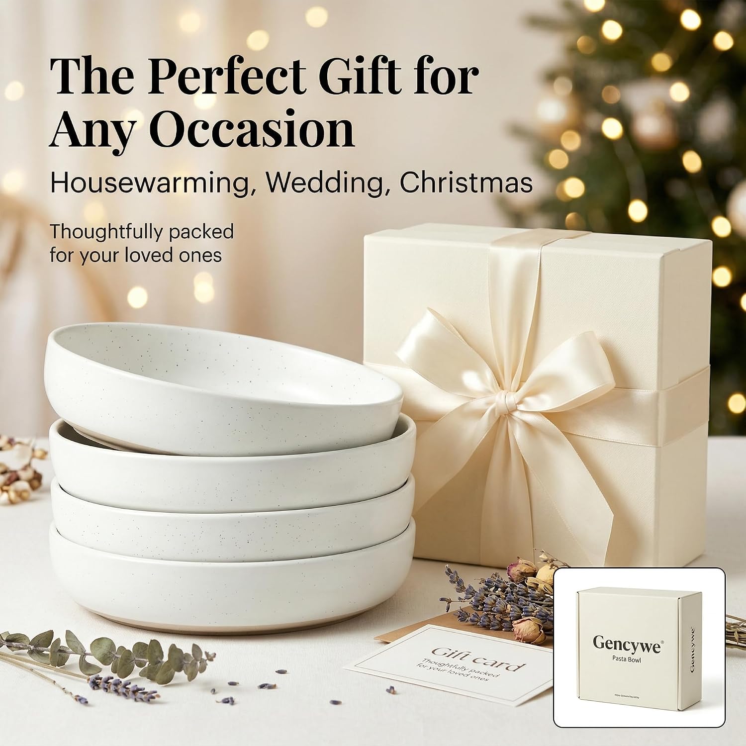 Gencywe 8.3" Pasta Bowls Set of 4, 34 oz Ceramic Salad Bowls, White Serving Plate, Wide and Shallow Bowl for for Fruits, Noodle, Dinner, Housewarming Wedding Christmas Dishwasher and Microwave Safe - Image 8