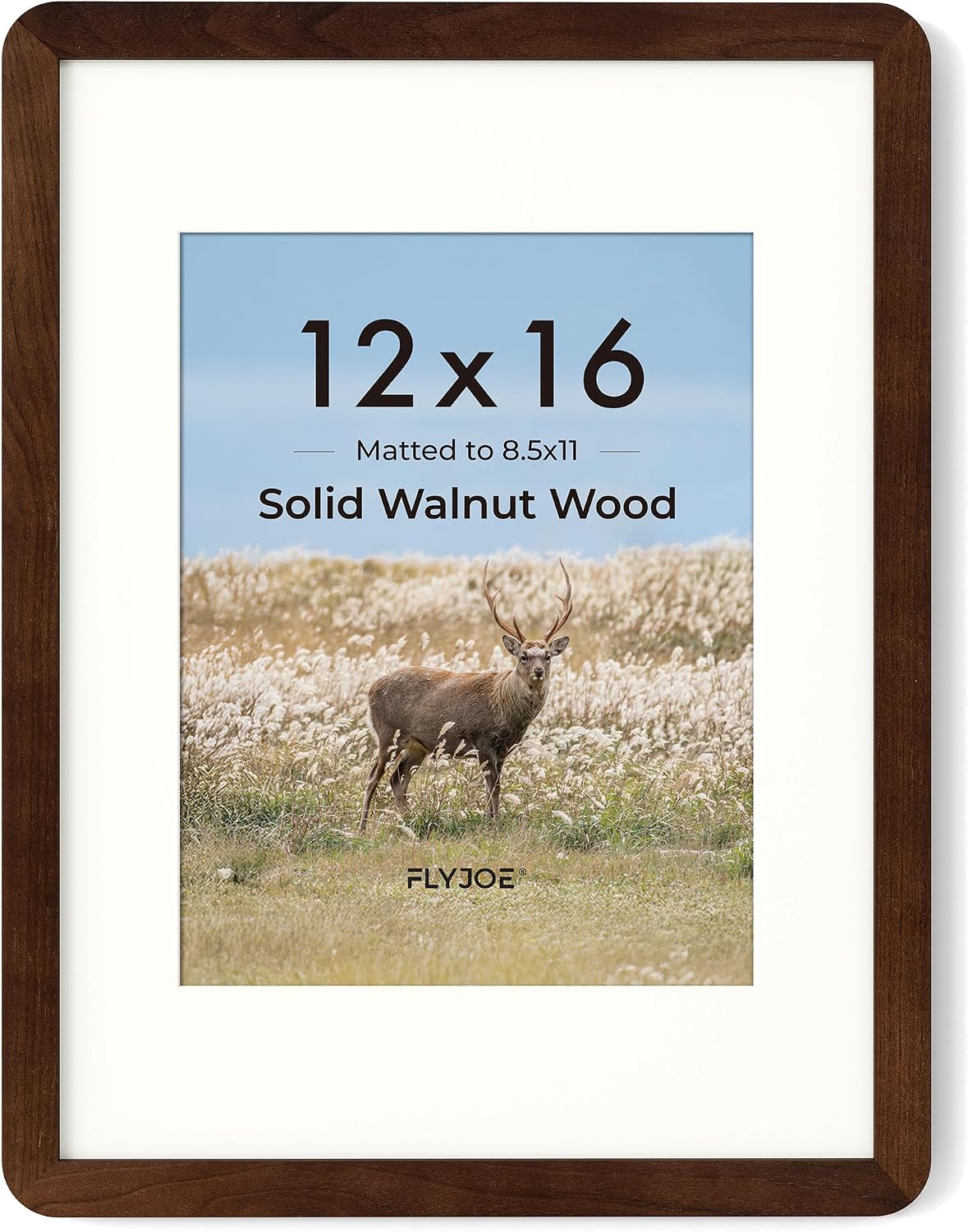 FLYJOE 12x16 Picture Frame - Solid Walnut Wood 12''x16'' Poster Frame, 12x16 Picture Frame With Mat For 8.5x11, Tempered Glass and Hanging Hardware Included, 16 By 12 Frame Wood, Natural Walnut