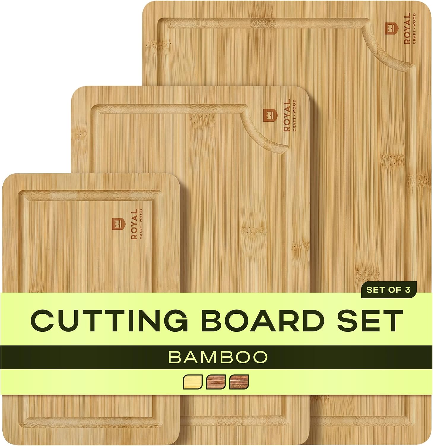ROYAL CRAFT WOOD Wooden Cutting Boards for Kitchen Meal Prep & Serving - Bamboo Wood Serving Board Set with Deep Juice Groove Side Handles - Charcuterie & Chopping Butcher Block for Meat