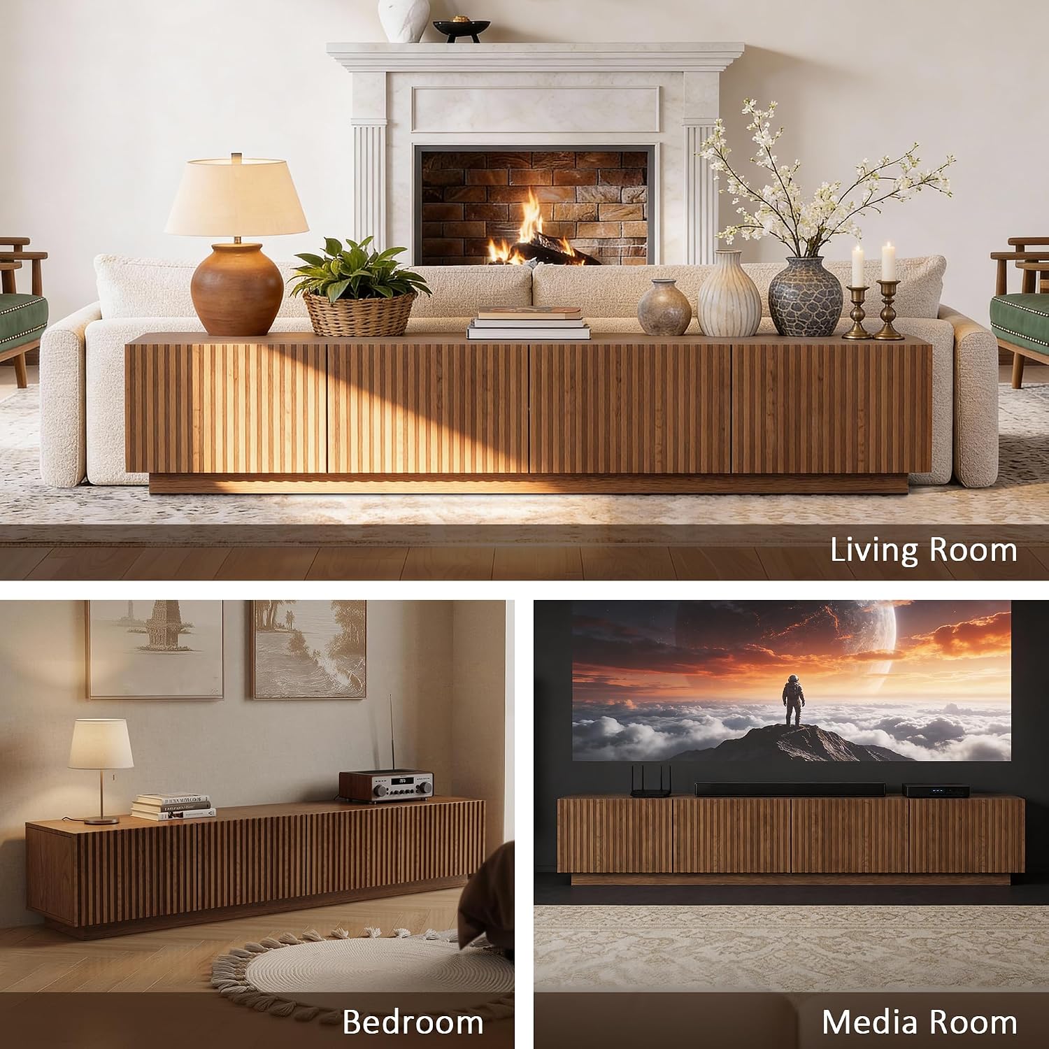 86.61" Mid-Century Modern TV Stand for TVs up to 85", Walnut Entertainment Console with Large Storage, Sturdy Media Cabinet for Living Room & Bedroom - Image 9
