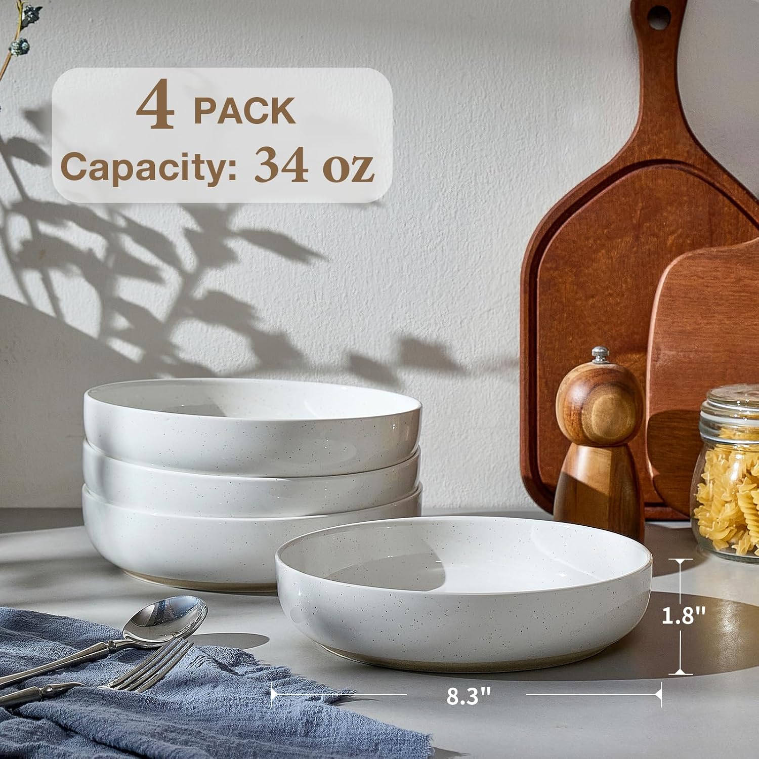 Gencywe 8.3" Pasta Bowls Set of 4, 34 oz Ceramic Salad Bowls, White Serving Plate, Wide and Shallow Bowl for for Fruits, Noodle, Dinner, Housewarming Wedding Christmas Dishwasher and Microwave Safe - Image 4