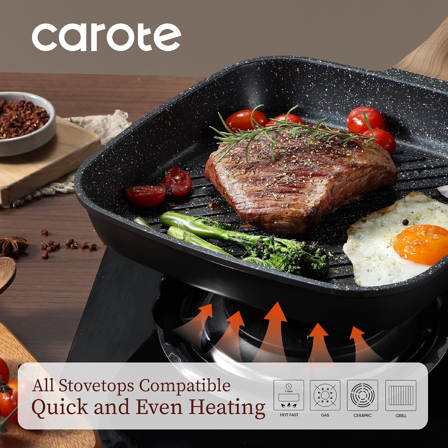 CAROTE 11 Inch Nonstick Grill Pan for Steak, Premium Granite Coating - Image 3