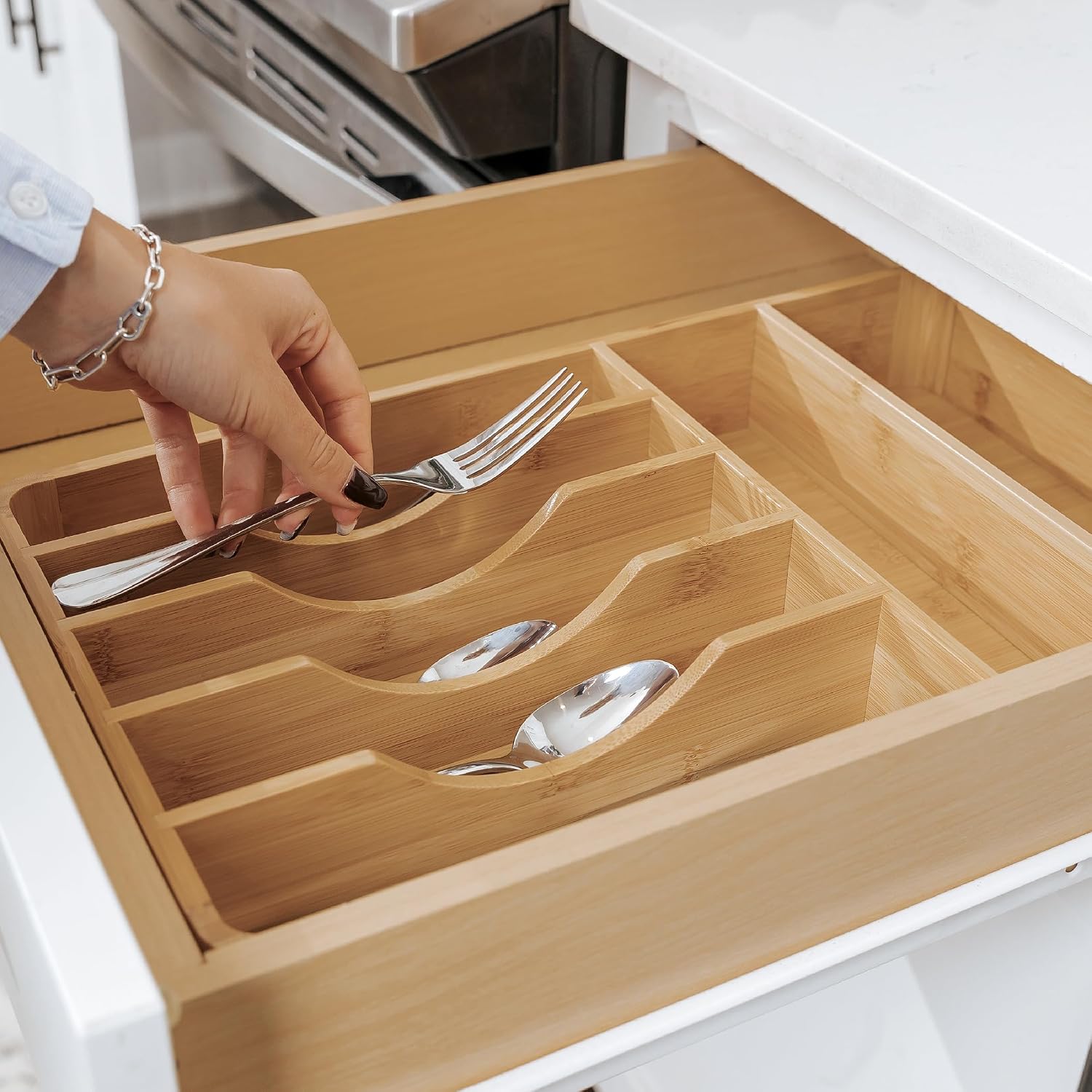 KitchenEdge Silverware & Utensil Organizer, Fixed 10.5 in, Bamboo - Image 9