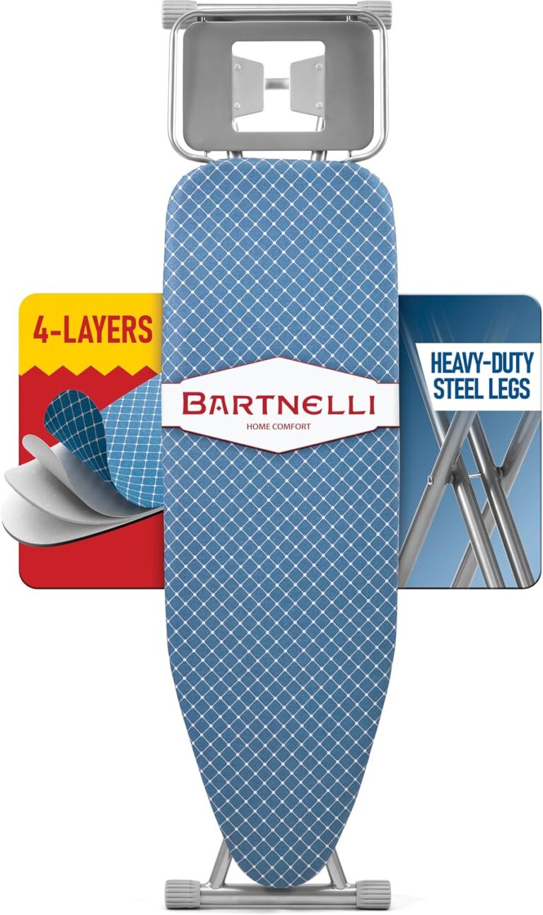 Bartnelli Premium Full-Size Ironing Board 45x15 Inch Large Surface, Integrated Upgraded Iron Rest with Hanger Rack, Height Adjustable, Heavy-Duty Metal Frame, 4 Non-Skid Feet, 4-Layer Cover & Pad