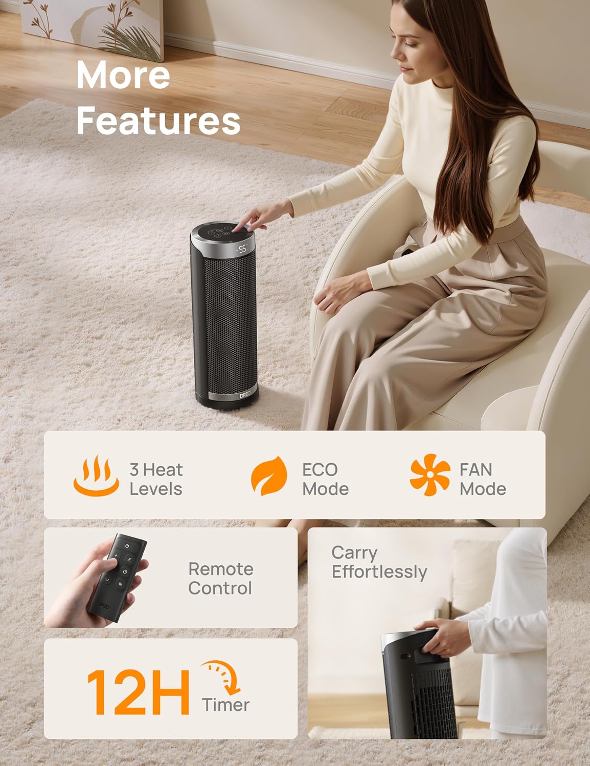 DREO 1500W Electric Space Heater with Remote for Large Room Bedroom,16 Inch - Image 8