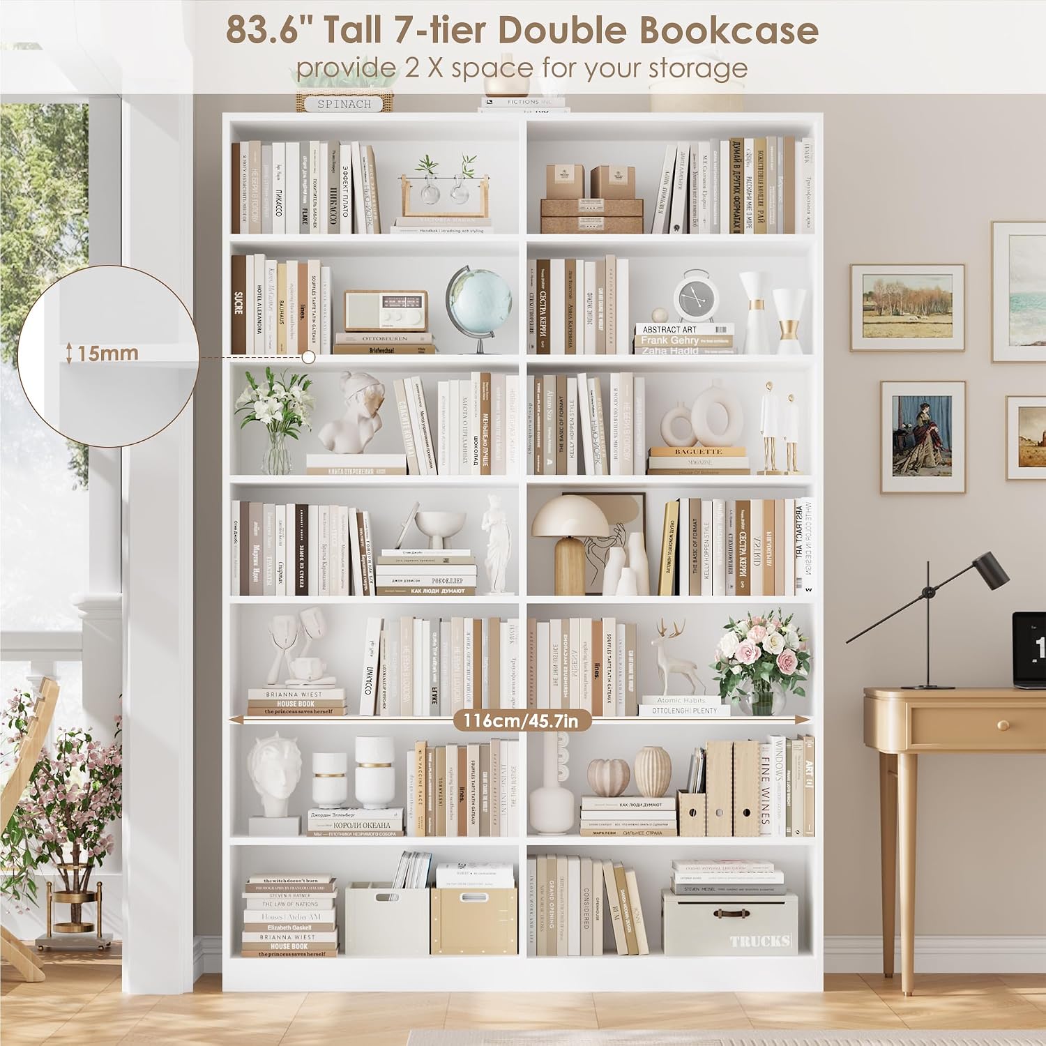 FACBOTALL 83.7" Tall Bookshelf and Bookcase,7-Tier Double Bookshelves White - Image 5