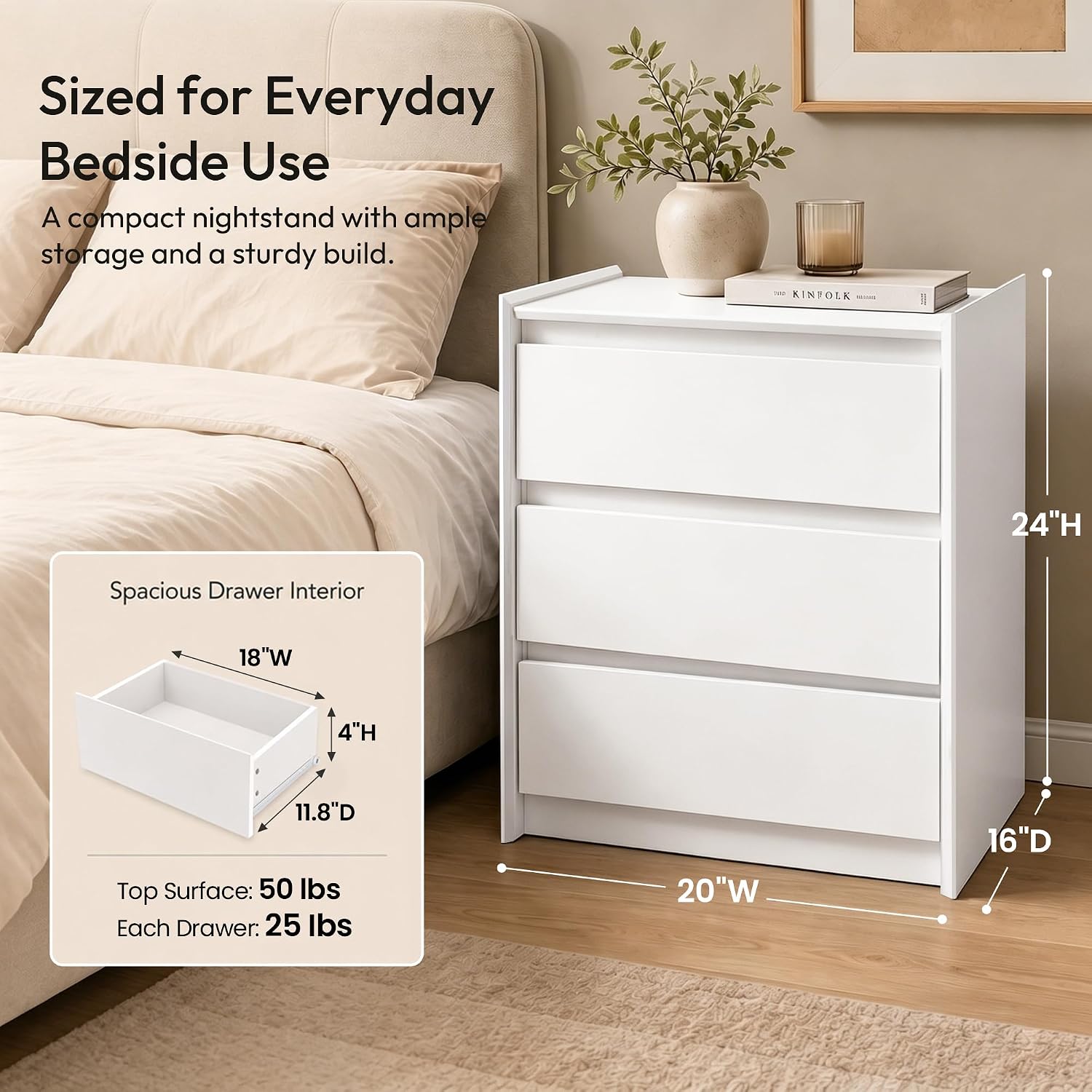 White Nightstand with Charging Station, 24" H, 3-Drawer Storage - Image 2