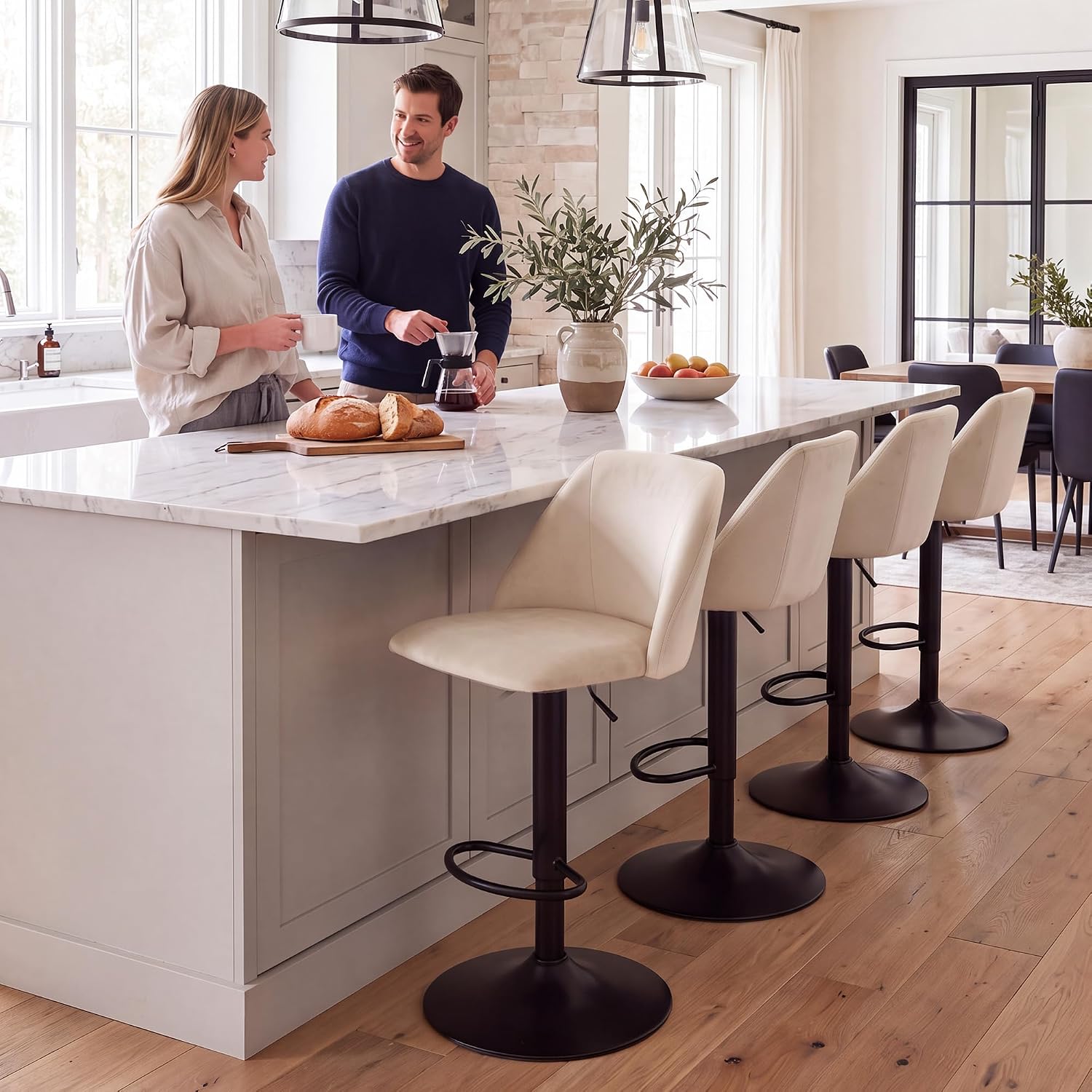 COLAMY Adjustable Upholstered Bar Stools Set of 3,360° Swivel Counter Height Chairs with Soft Cushioned Seat & Stable Metal Base for Kitchen Island,250 LBS Capacity,Easy Assembly,Beige - Image 6
