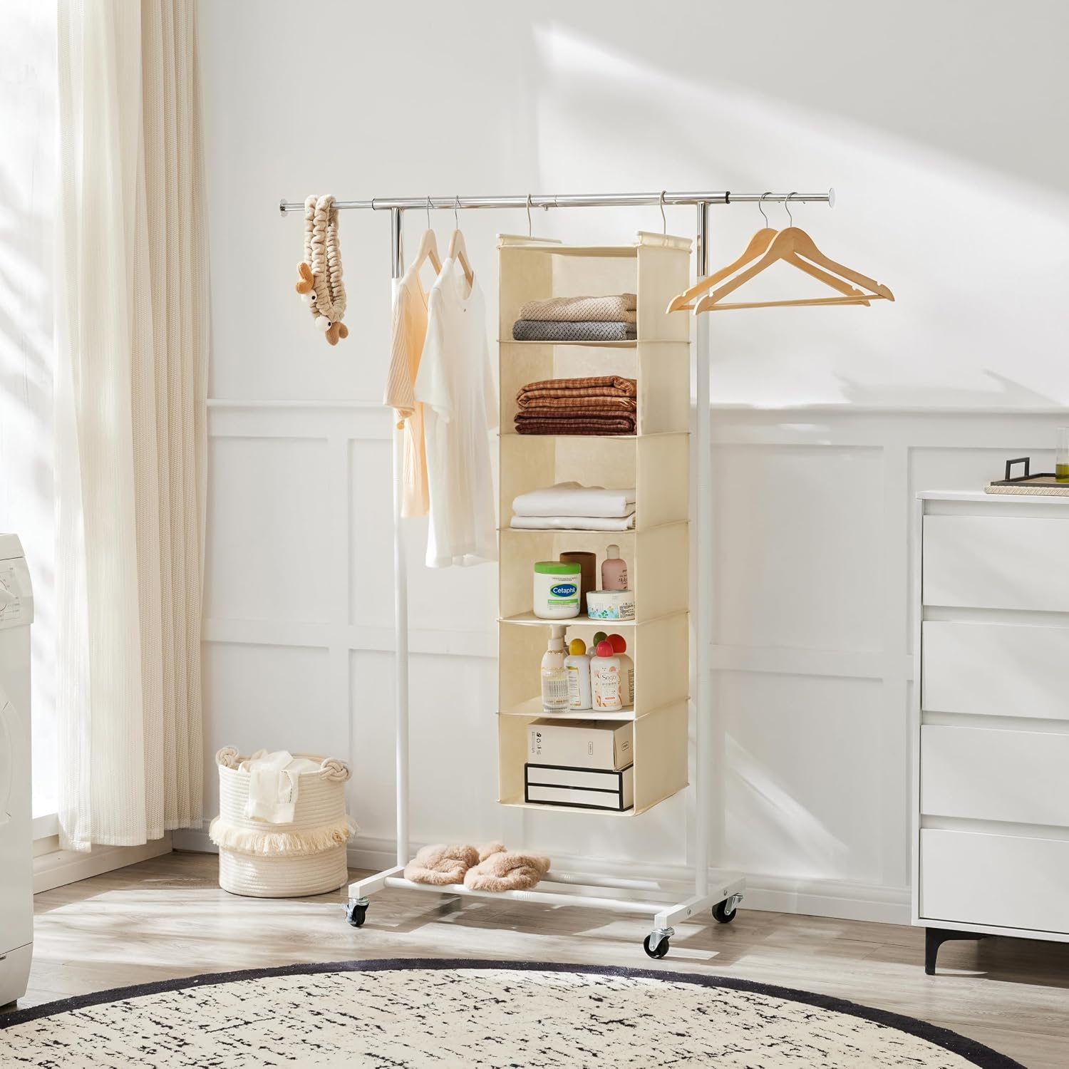 MAX Houser 6 Tier Shelf Hanging Closet Organizer with 2 Hooks, Beige - Image 2