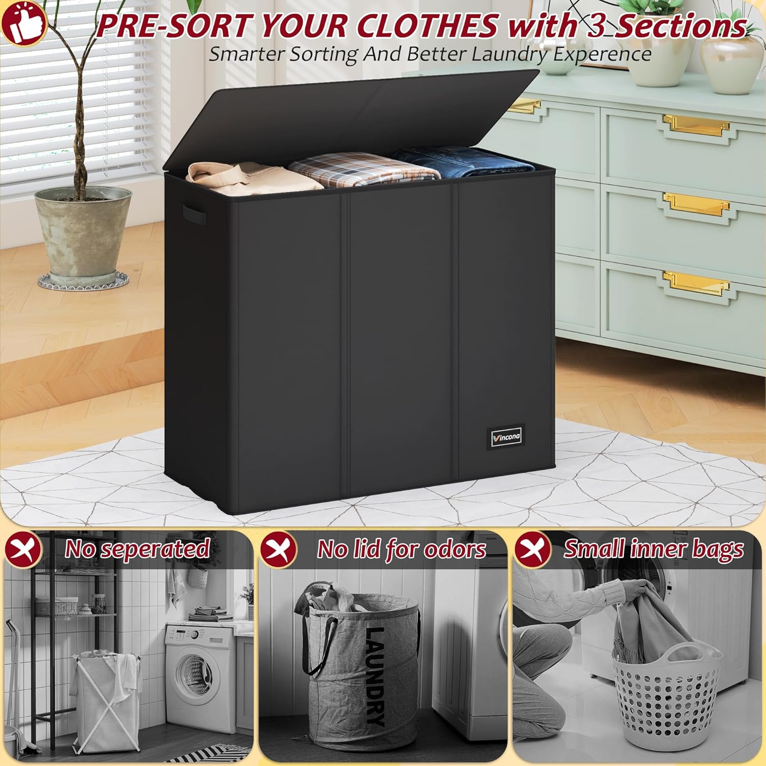195L Laundry Hamper 3 Section,Large Laundry Hamper with Lid,Dirty Clothes Hamper with 3 Inner Bags,Collapsible Laundry Basket Organizer for Laundry Room,Bedroom,Laundry Sorter Hamper 3 Compartment - Image 3