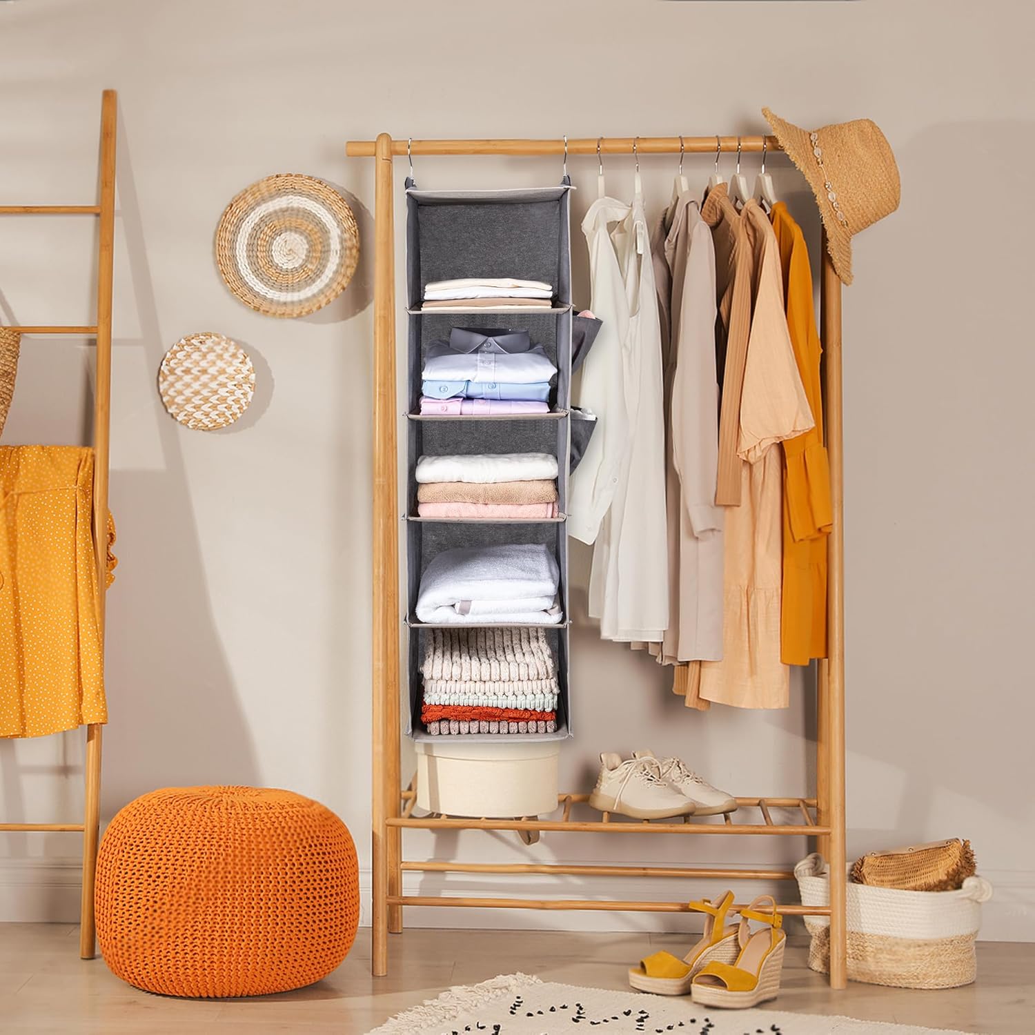 BOOMIBOO Hanging Closet Organize and Shelves,5-Hanging Shelf with 2 Side Pockets,Storage Foldable (Grey) - Image 2