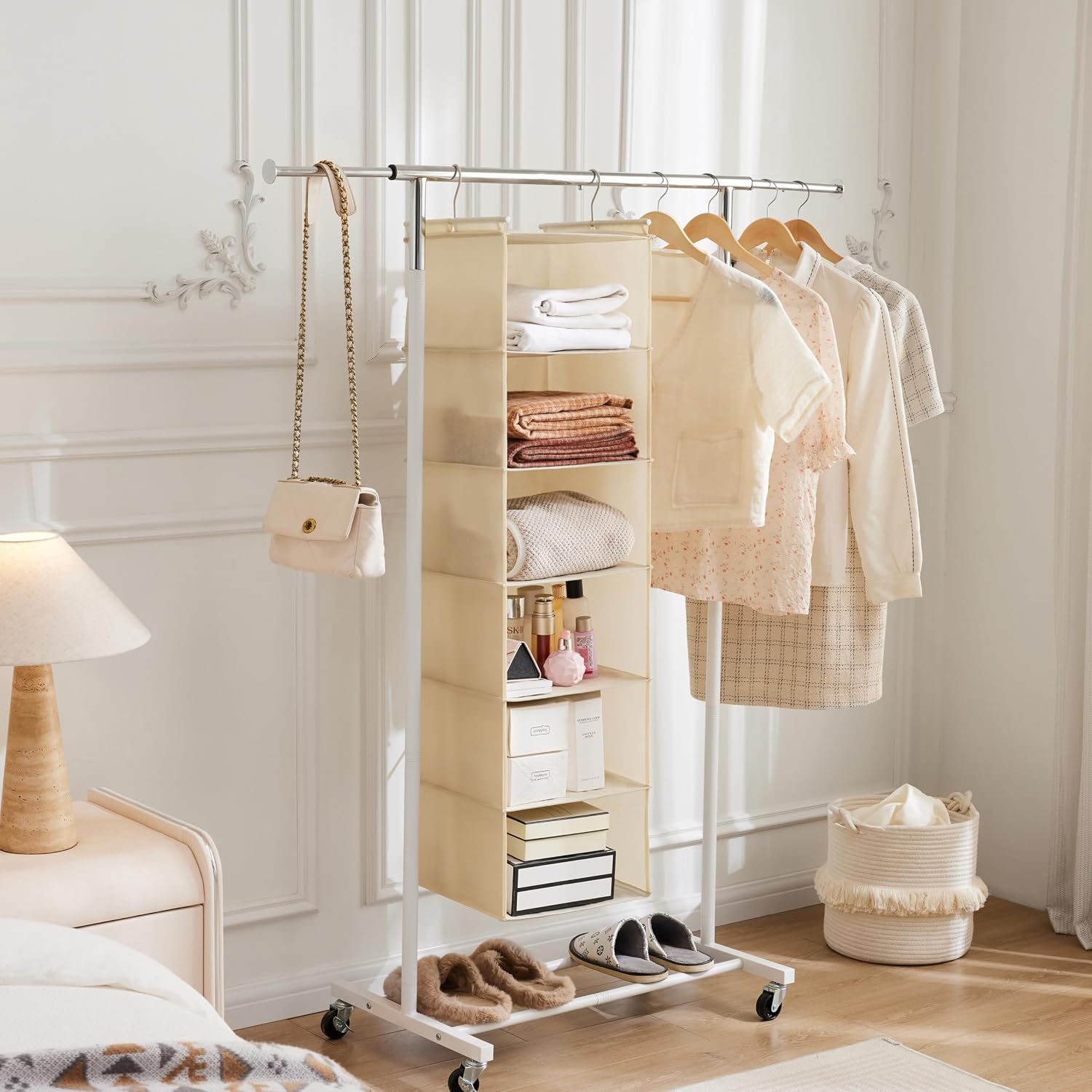 MAX Houser 6 Tier Shelf Hanging Closet Organizer with 2 Hooks, Beige - Image 9