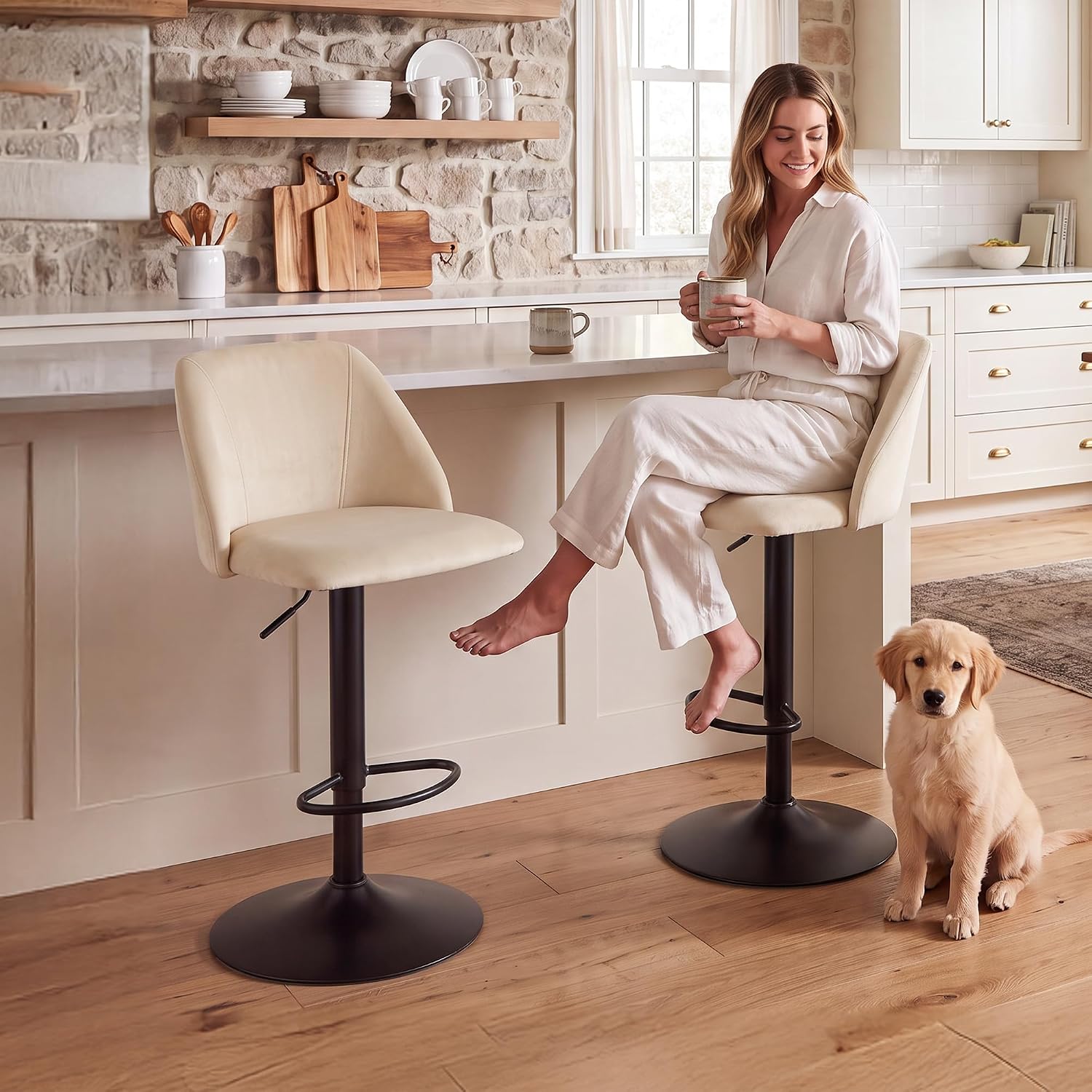 COLAMY Adjustable Upholstered Bar Stools Set of 3,360° Swivel Counter Height Chairs with Soft Cushioned Seat & Stable Metal Base for Kitchen Island,250 LBS Capacity,Easy Assembly,Beige - Image 5
