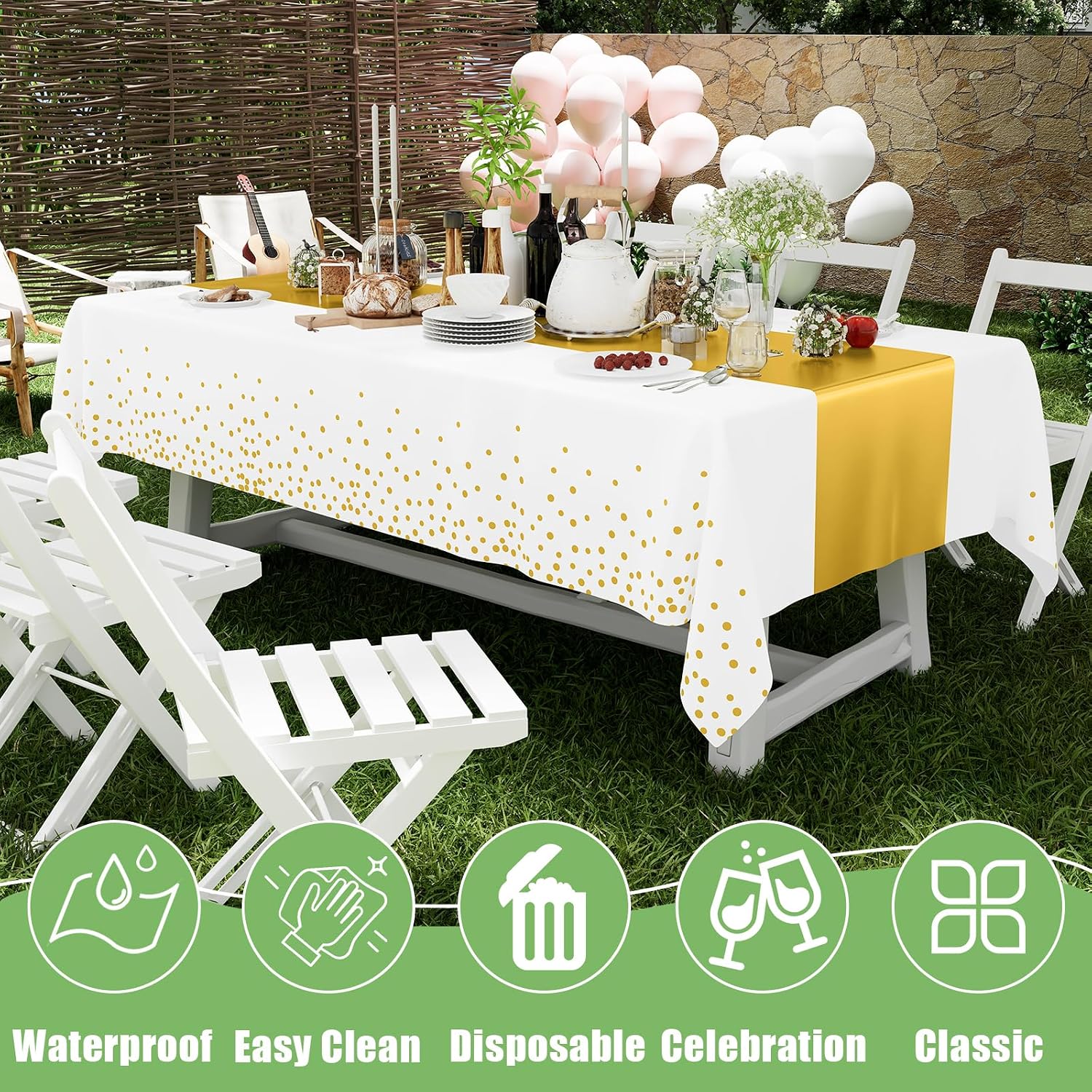 Smiry Plastic Table Cloth Disposable 12 Pack, 54 x 108 Inch Rectangle Waterproof Tablecloth, Printed Gold Table Runner Style for Birthday Weeding, Party, Leakproof & Sturdy, White and Gold - Image 5