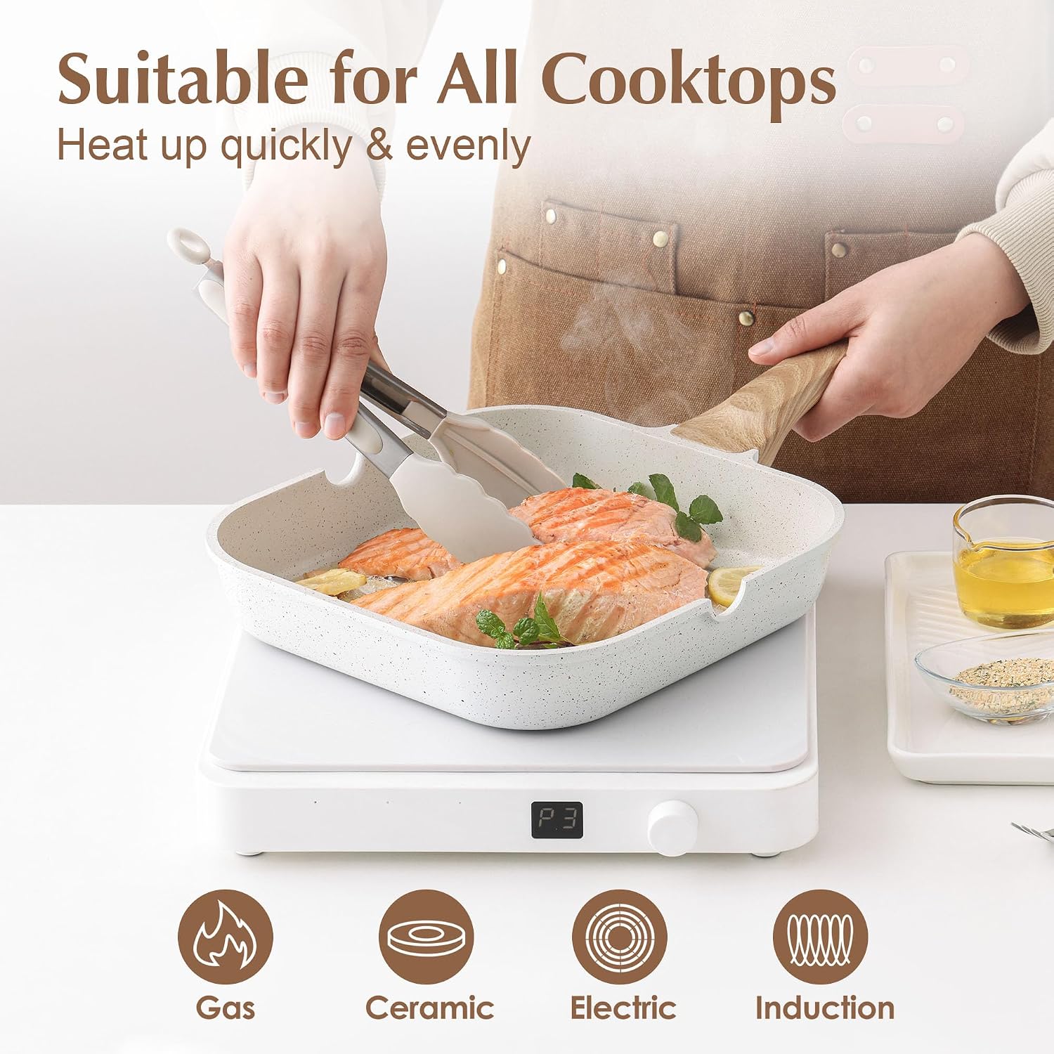 SENSARTE Nonstick Ceramic Grill Pan with Lid, Versatile Square Grilling Pan with Pour Spouts, Durable Grill Skillet for All Stoves(Gas,Electric,Induction) Non Toxic-PTFE,PFAS,PFOA Free, 9.5 Inch - Image 7