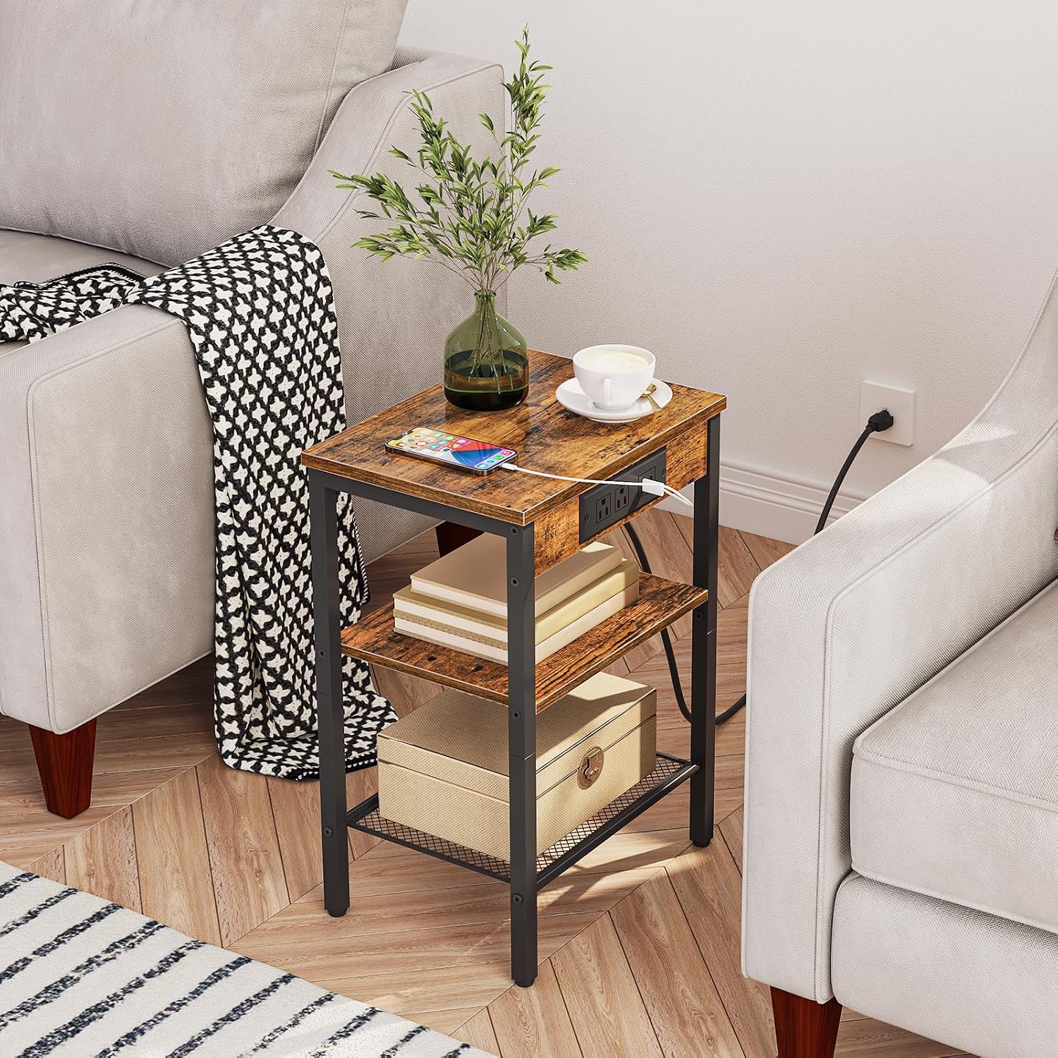HOOBRO Side Table with Charging Station and USB Port, Small End Table for Small Space, 3-Tier Nightstand with Adjustable Shelf, for Living Room, Bedroom, Rustic Brown BF112BZ01 - Image 5