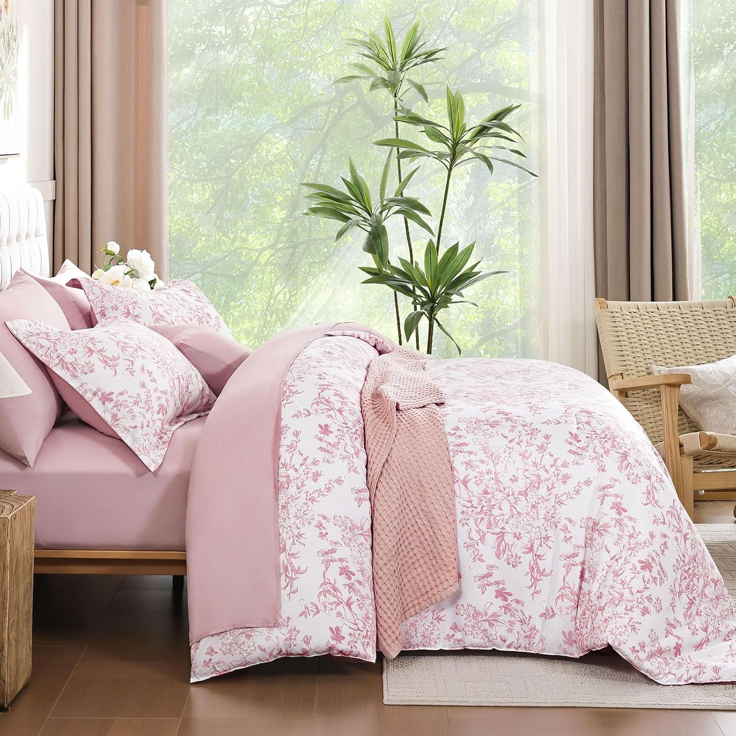 WONGS BEDDING Queen Size Comforter Set, 8 Pieces Pink Floral Bed in a Bag Comferter Sets, Botanical Print Soft Fluffy Microfiber Complete Bedding Sets for All Season (90"x90") - Image 9