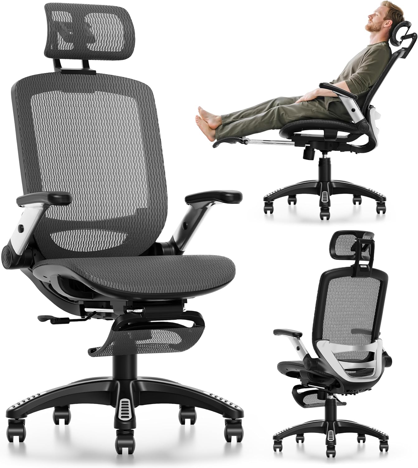 GABRYLLY Ergonomic Office Chair with Footrest, High Back Home Desk Chair - 3D Headrest, Flip-Up Arms, 135° Tilt and Wide Cushion, Heavy Duty Mesh Chairs for Task Computer Gaming, GYB01-FT