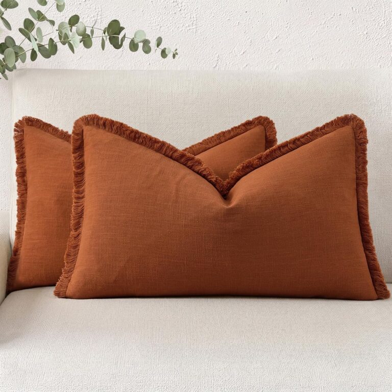 decorUhome Linen Fringe Light Rust Throw Pillow Covers 12x20 Set of 2