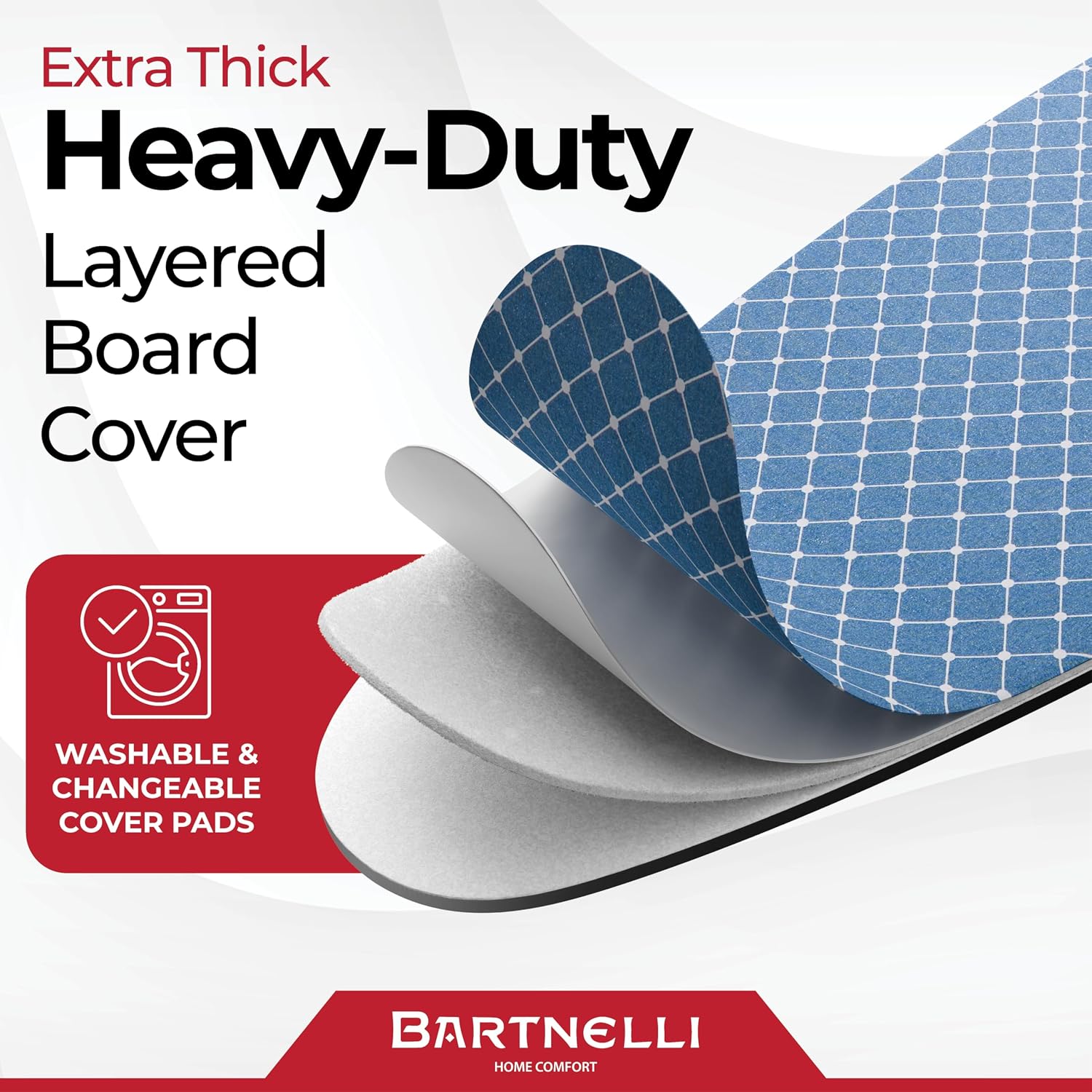 Bartnelli Premium Full-Size Ironing Board 45x15 Inch Large Surface, Integrated Upgraded Iron Rest with Hanger Rack, Height Adjustable, Heavy-Duty Metal Frame, 4 Non-Skid Feet, 4-Layer Cover & Pad - Image 6