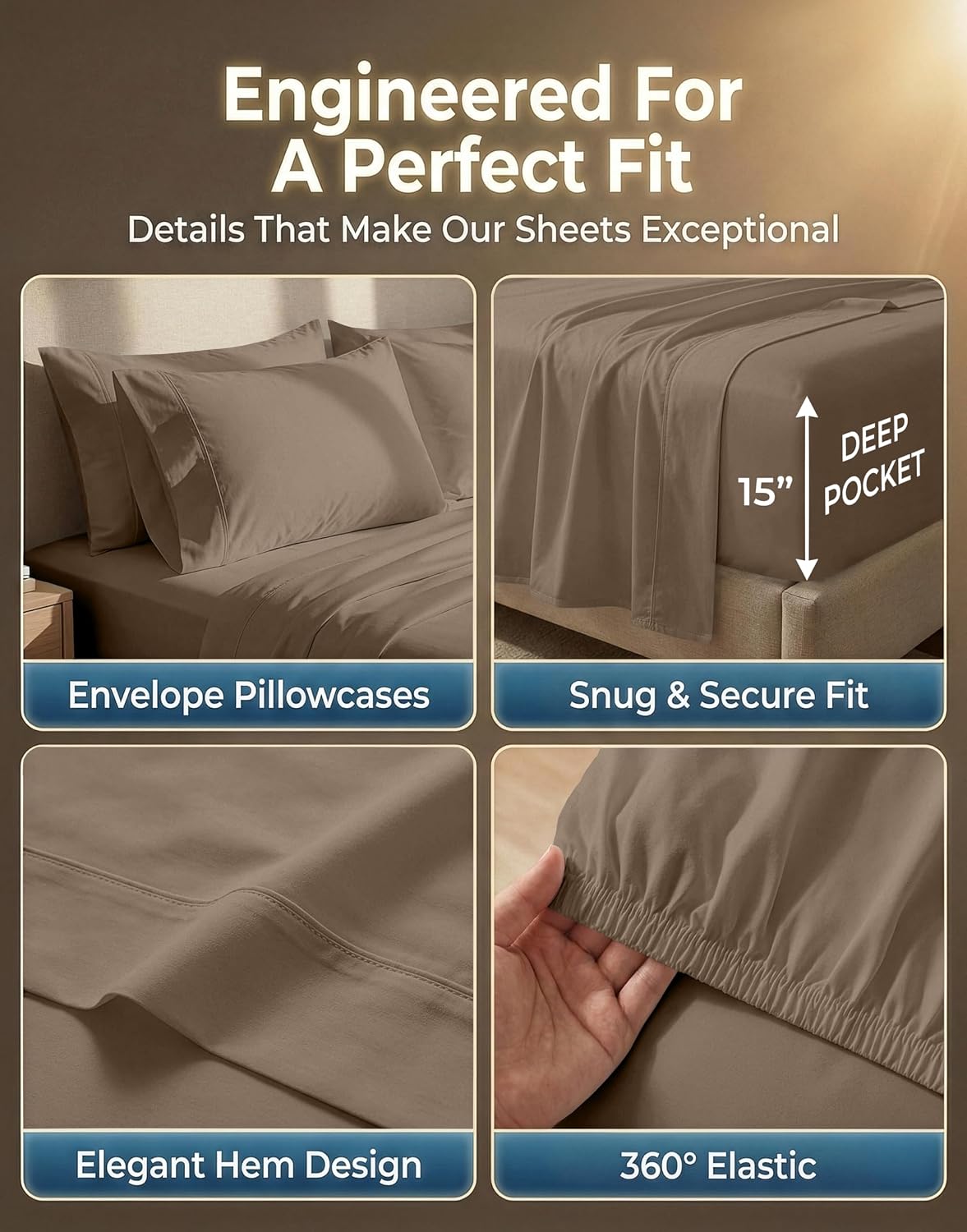 600TC 100% Long-Staple Cotton King Sheets - Smooth Sateen Weave, Taupe - Image 5
