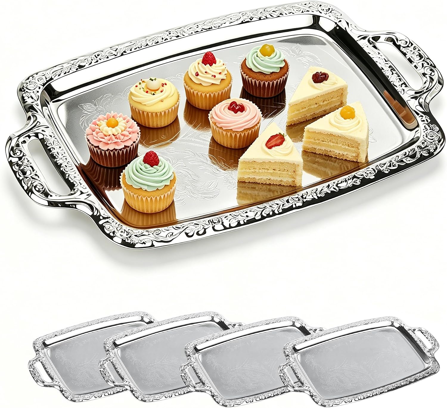 4-Pack Large Rectangle Silver Serving Trays, 15.4" x 9.3" Stainless Steel Mirror Finish Platters for Party, Wedding, Buffet, Dessert, Appetizer and Catering Display