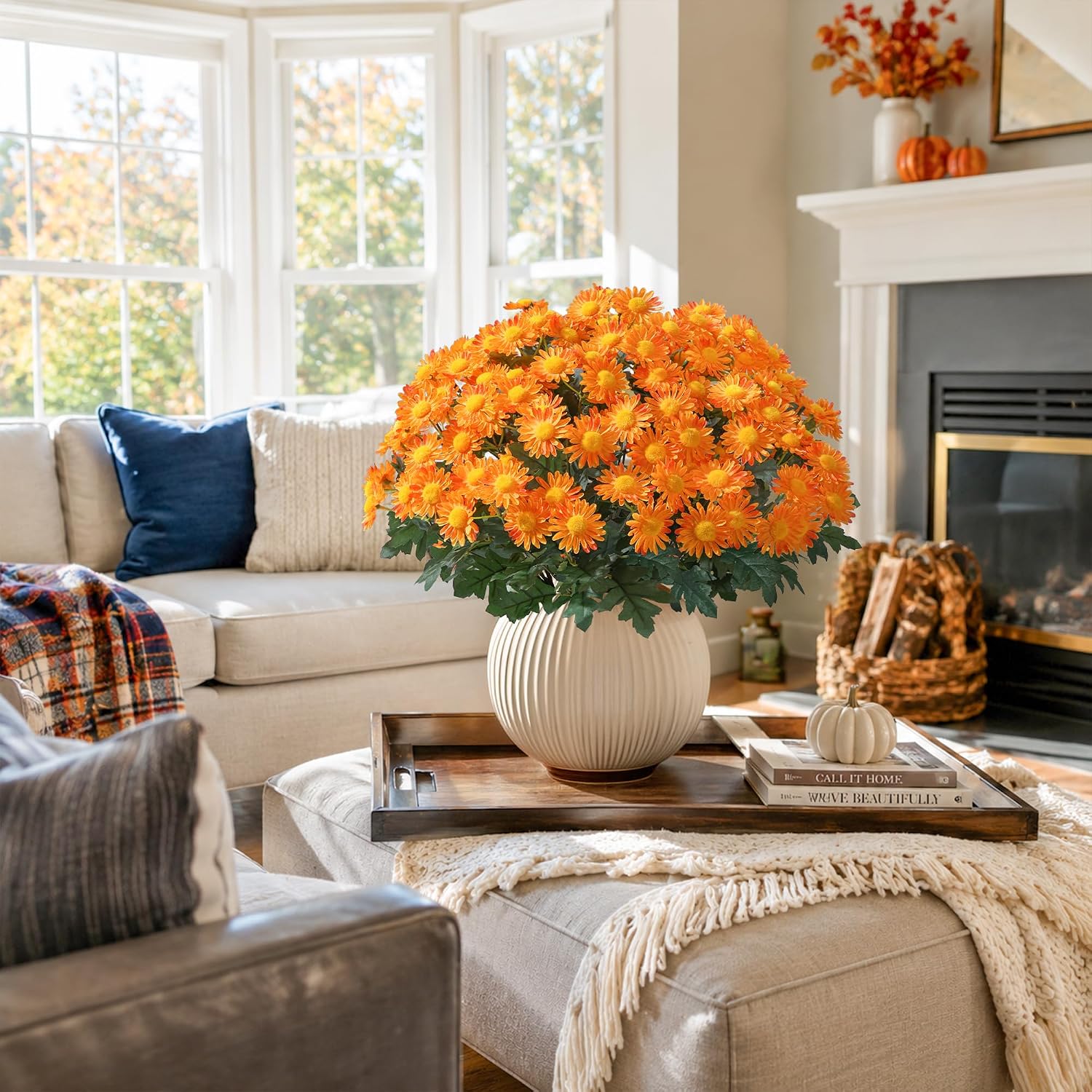 HyeFlora Artificial Fall Faux Mums Flowers Outdoor Plants for Decoration, 6 Bundles Fake Silk Orange Gerbera Daisy Flowers UV Resistant Look Real for Planter Outside Front Door Porch Patio Balcony - Image 5