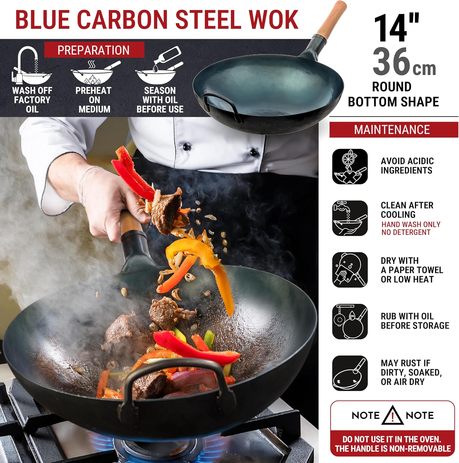 YOSUKATA 14” Blue Carbon Steel Wok with Round Bottom - Image 3