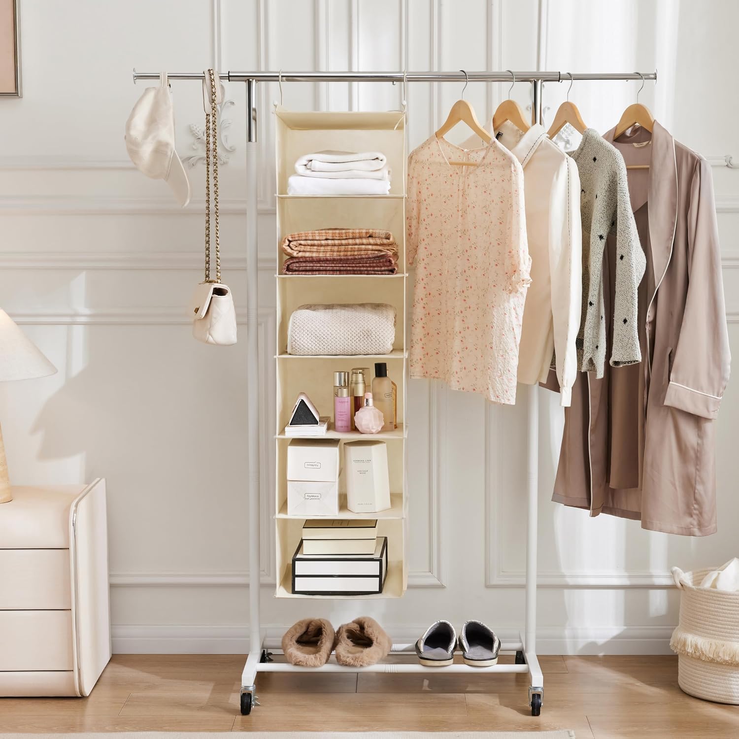 MAX Houser 6 Tier Shelf Hanging Closet Organizer with 2 Hooks, Beige - Image 4