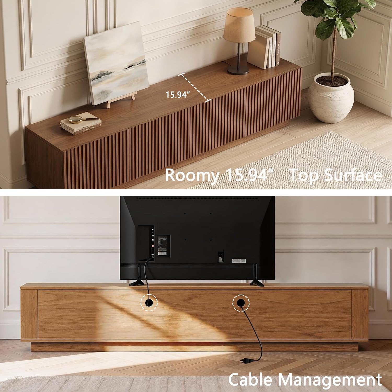 86.61" Mid-Century Modern TV Stand for TVs up to 85", Walnut Entertainment Console with Large Storage, Sturdy Media Cabinet for Living Room & Bedroom - Image 5