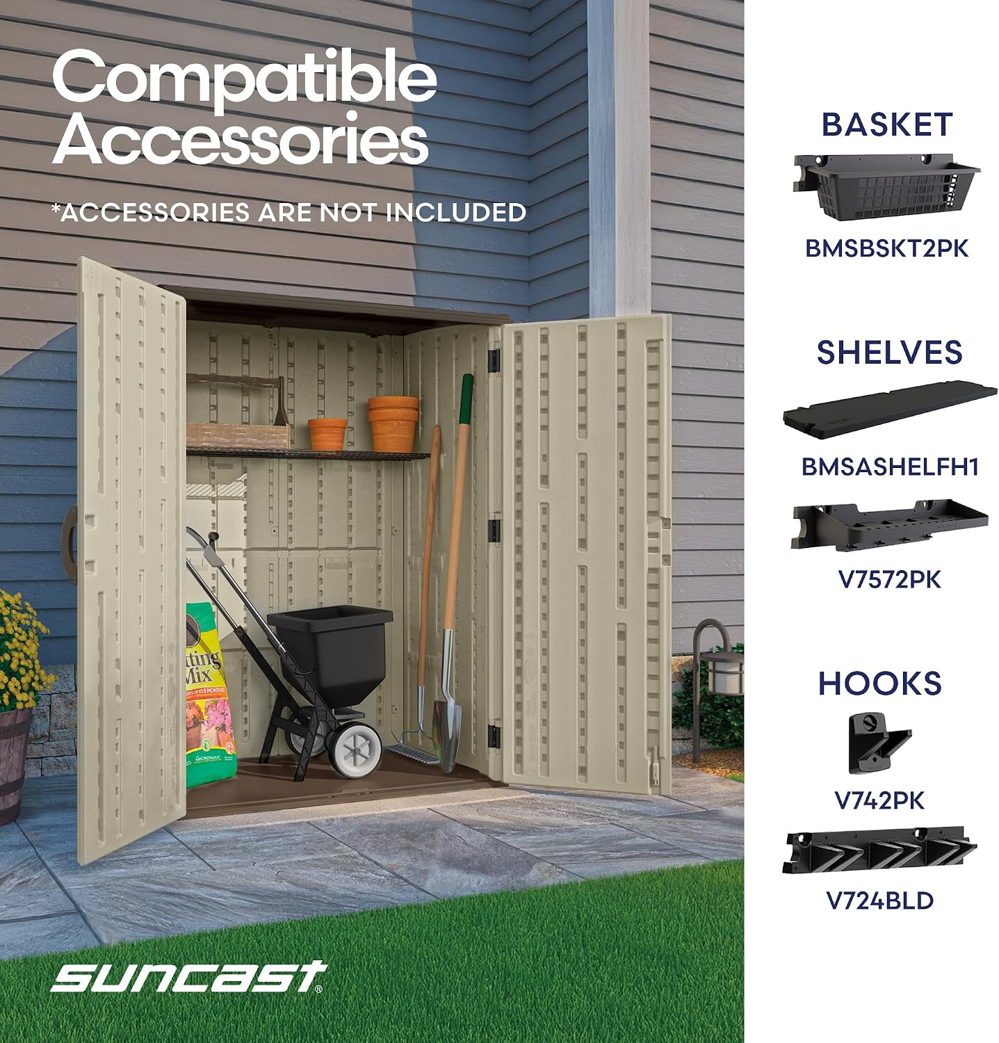 Suncast Outdoor Storage Shed, Water Resistant Resin Vertical Outdoor Storage Cabinet for Patio, Garden Tools, Cushions, & Equipment, Weatherproof Multi-Wall Design, 54 cu. ft., Made in USA - Image 7