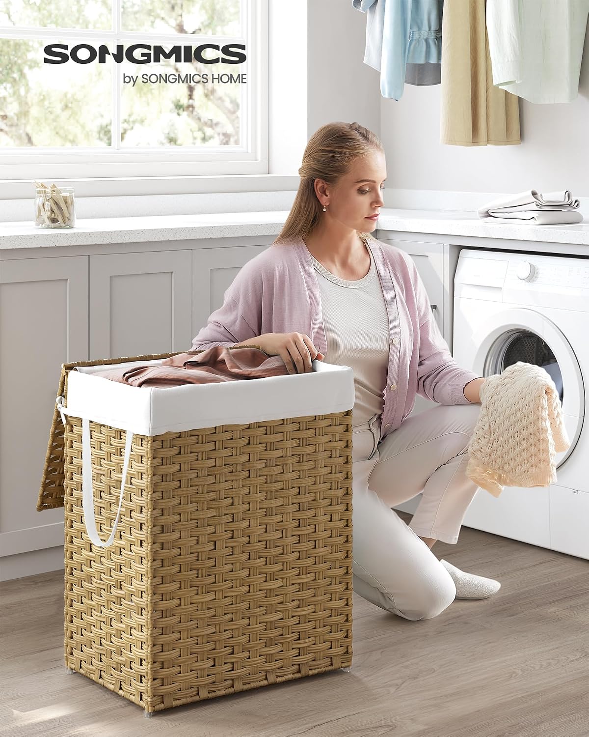 SONGMICS Laundry Hamper with Lid, 23.8 Gal (90 L) Synthetic Rattan,Foldable - Image 2