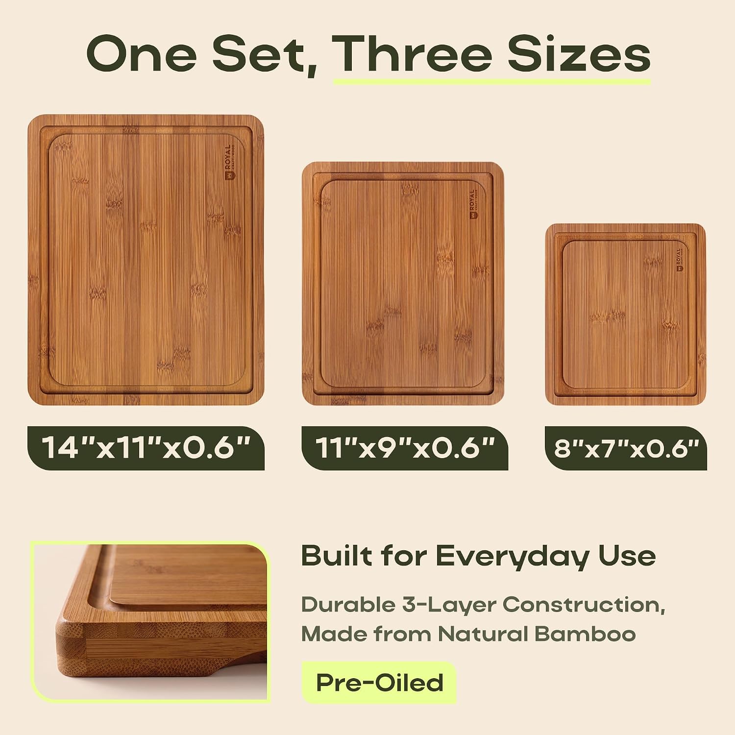 ROYAL CRAFT WOOD Wooden Cutting Boards for Kitchen Meal Prep & Serving - Bamboo Non Toxic Cutting Board Set with Deep Juice Groove Side Handles - Charcuterie & Chopping Butcher Block for Meat (3 Pcs) - Image 2