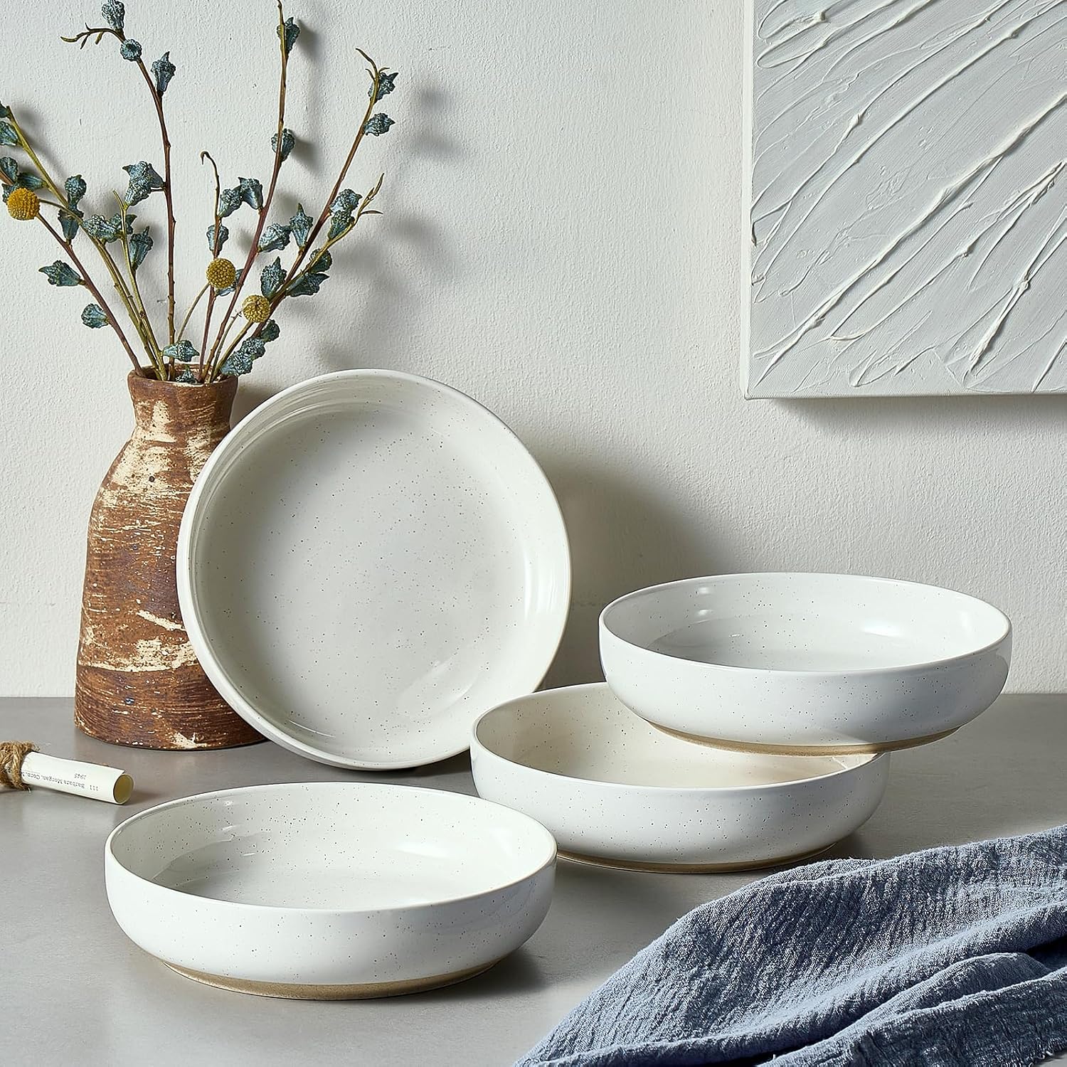 Gencywe 8.3" Pasta Bowls Set of 4, 34 oz Ceramic Salad Bowls, White Serving Plate, Wide and Shallow Bowl for for Fruits, Noodle, Dinner, Housewarming Wedding Christmas Dishwasher and Microwave Safe - Image 5