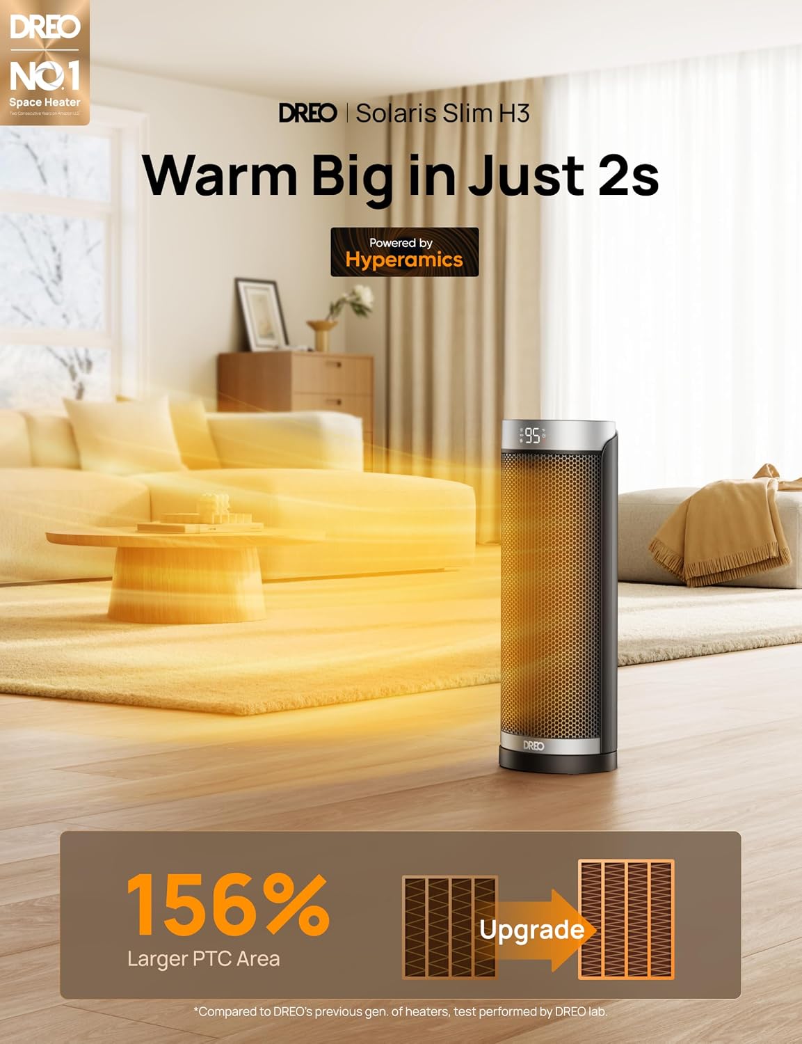 DREO 1500W Electric Space Heater with Remote for Large Room Bedroom,16 Inch - Image 2