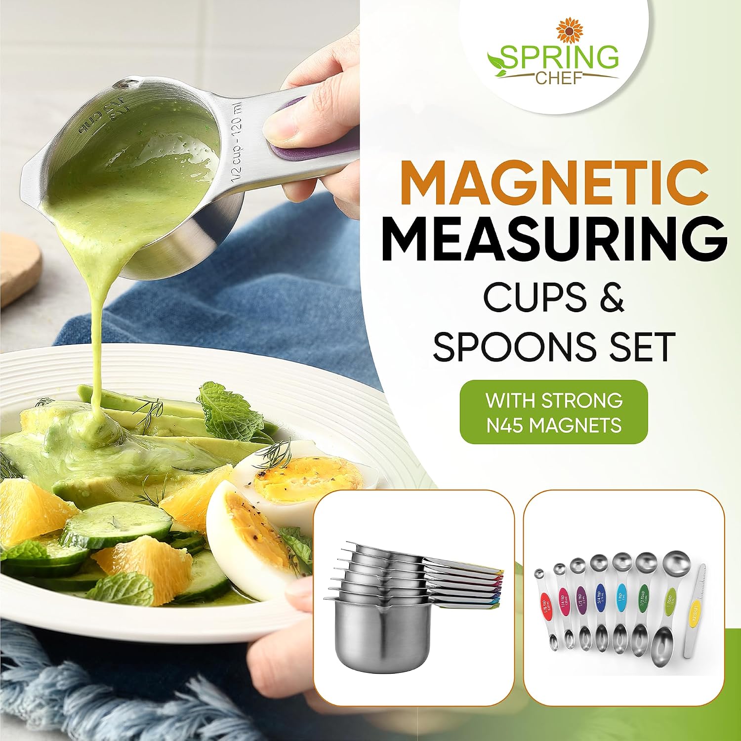 Spring Chef 15 Magnetic Measuring Cups & Spoons Set w/Levelers, Multicolor - Image 3
