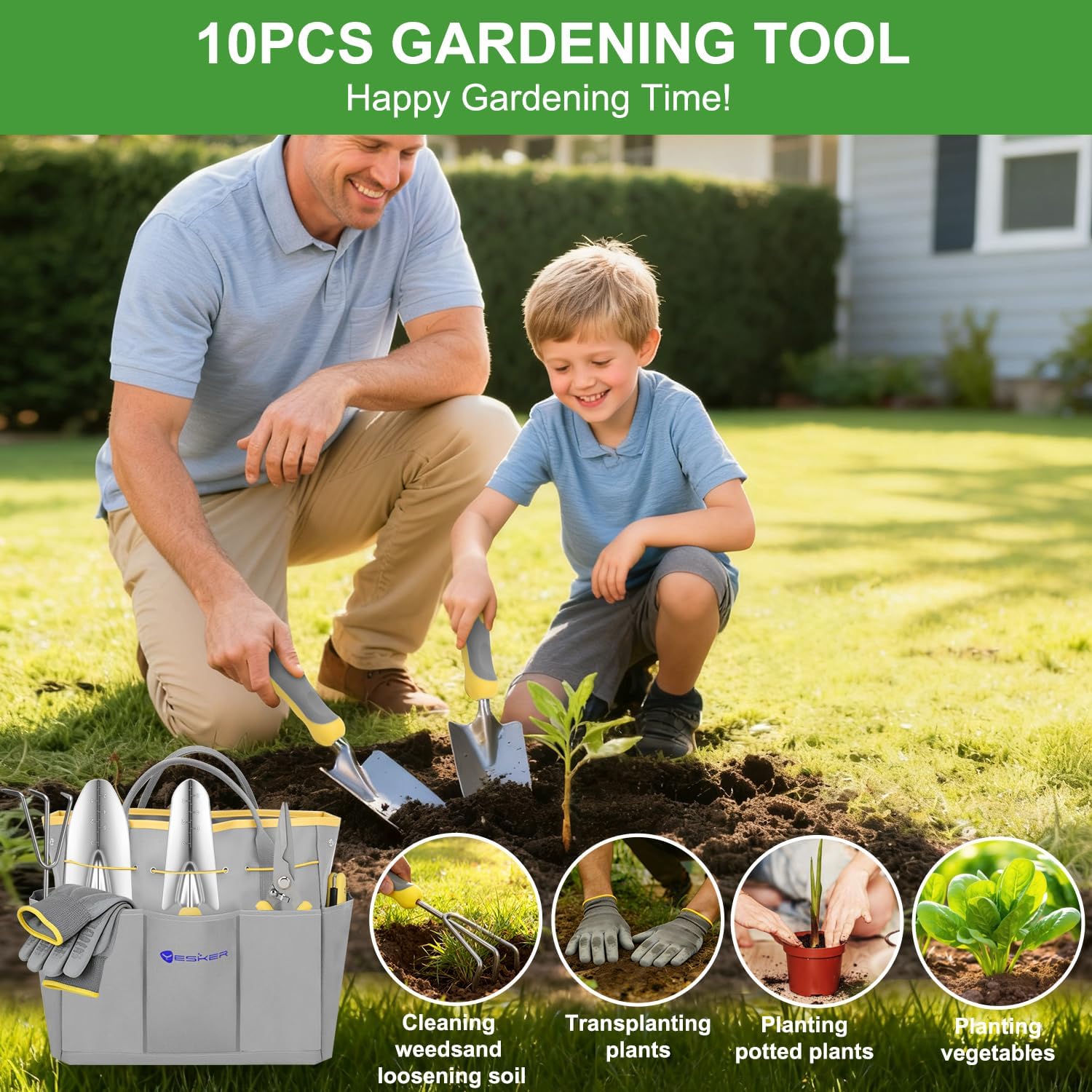 Yesker Gardening Tools 10-Piece Heavy Duty Garden Tool Set Gardening Supplies Gifts for Women Men Gardening Hand Tool Kit w Non-Slip Ergonomic Handle, Garden Bag, Durable Gloves, Pruning Shears, Gray - Image 7