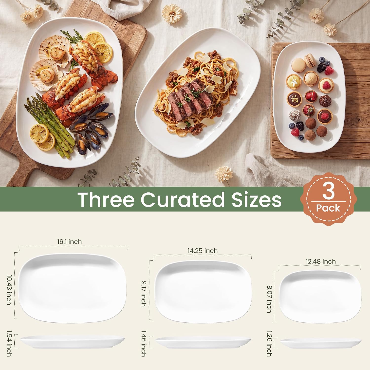 Kassel Ceramic Serving Platter Set 16”/14”/12” White Porcelain Serveware for Parties & Entertaining - Decorative Oven-Safe Serving Dishes & Platters for Food, Cookies, Meat & Turkey Oval Large - Image 2