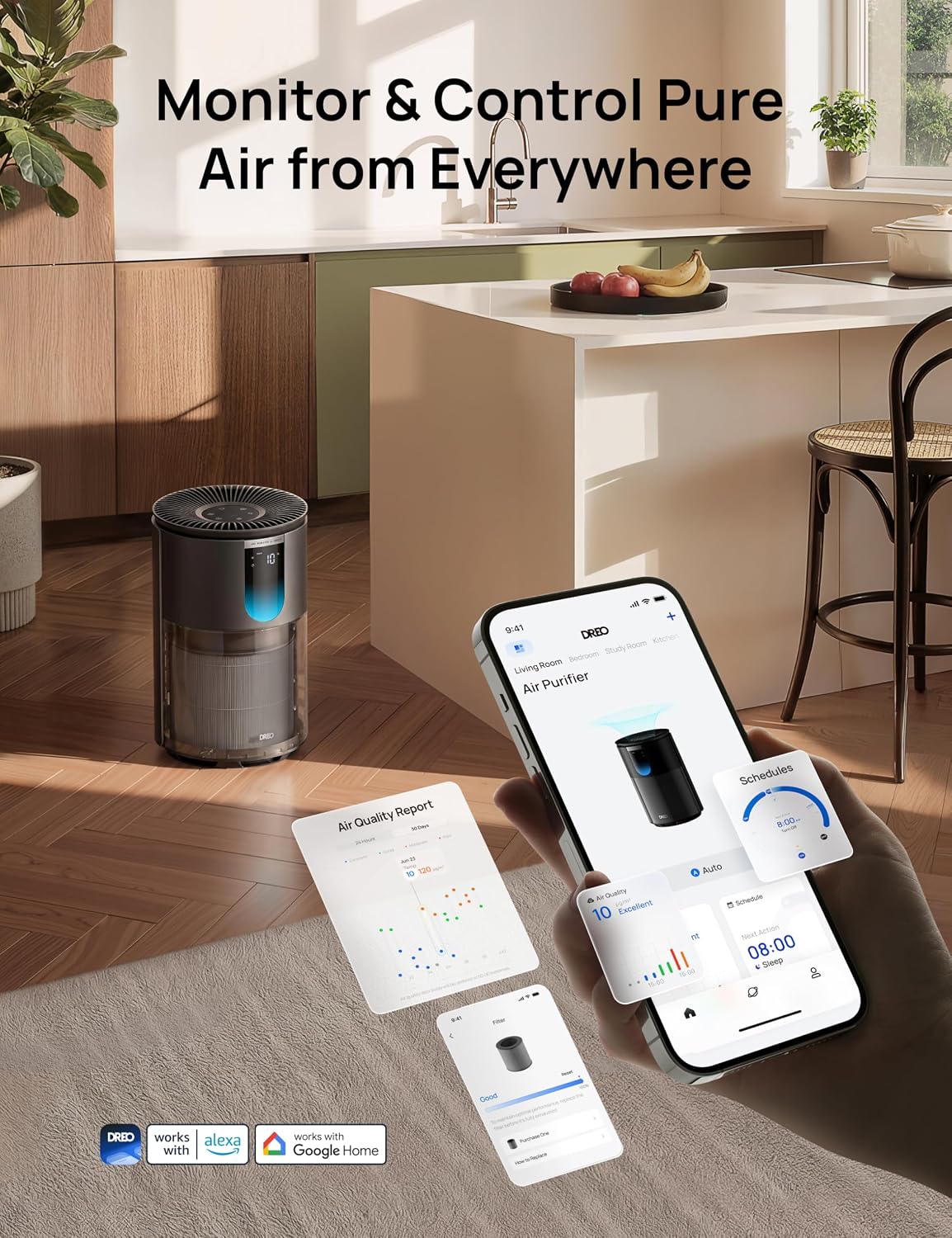 DREO Smart Air Purifier for Home, Up to 1176 ft², HEPA Sleep Mode, Air Cleaner for Large Rooms & Bedrooms, Wi-Fi/Voice/Alexa, Pets, Smoke, Dust, Pollen & Odors, PM2.5 Monitor, DR-HAP009S (Dreo 539S) - Image 5